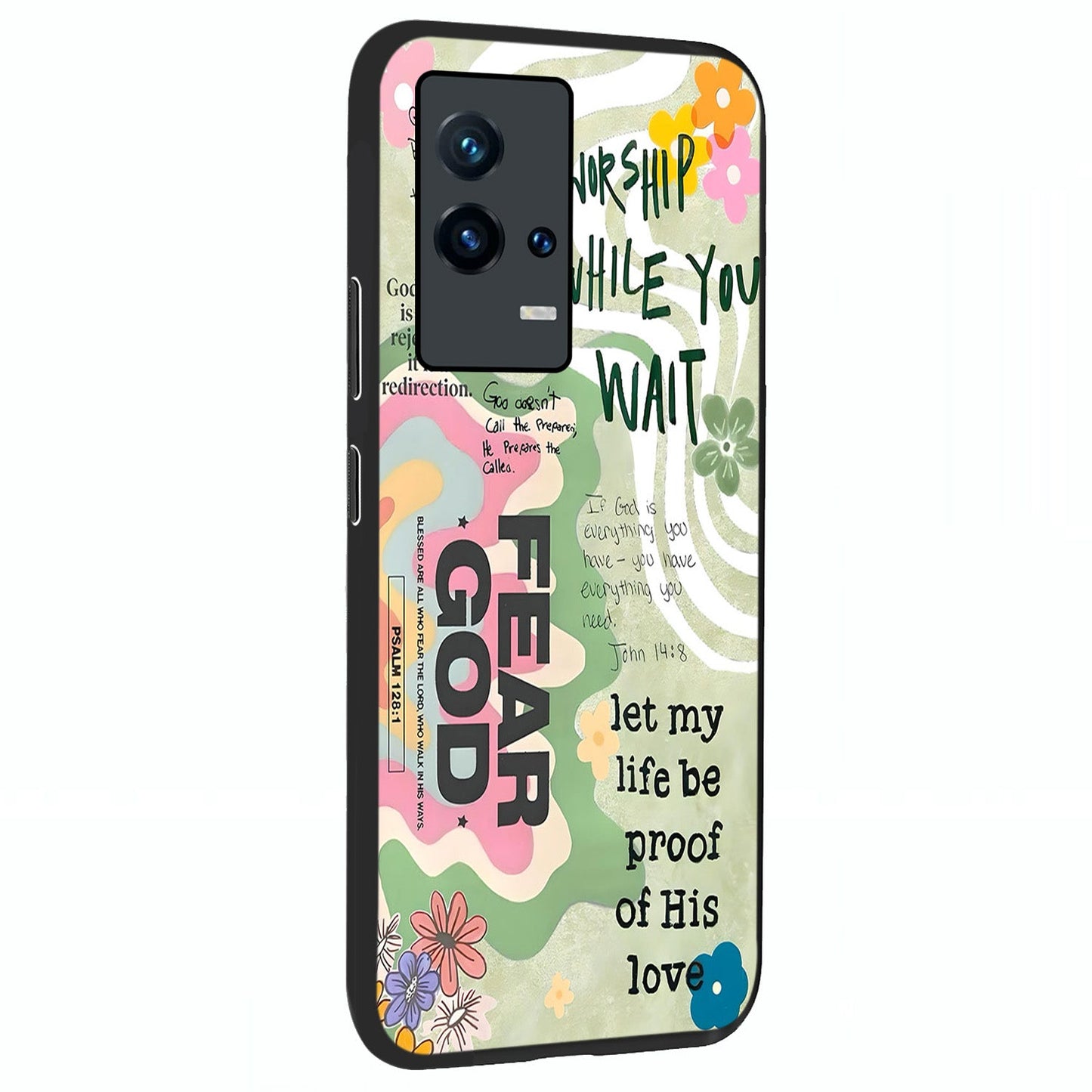 Faith Over Fear Glass Case upright view showcasing bold typography artwork with uplifting motivational theme.