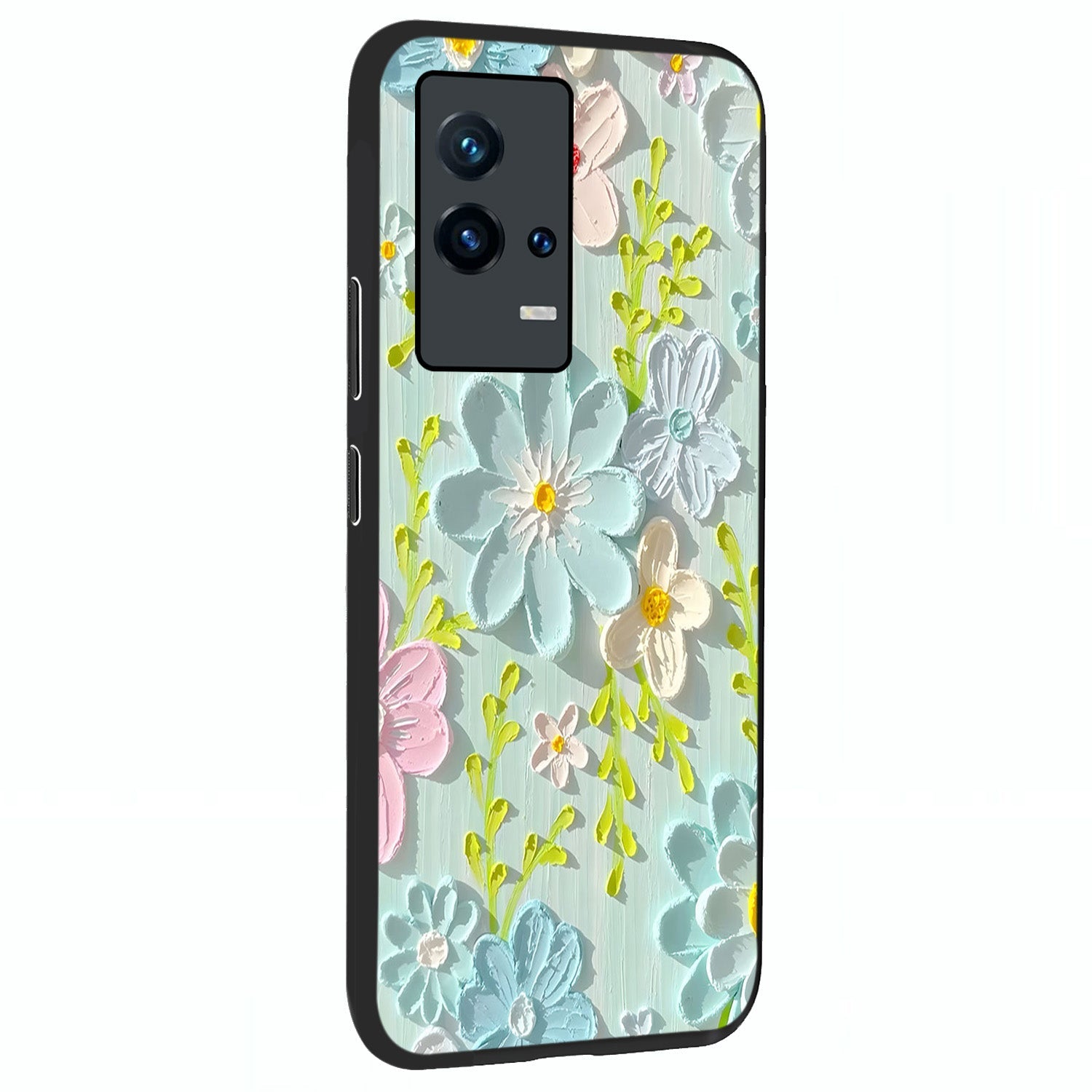 Frosted Petal Garden Glass Case upright view showcasing elegant floral garden artwork with soothing pastel theme.