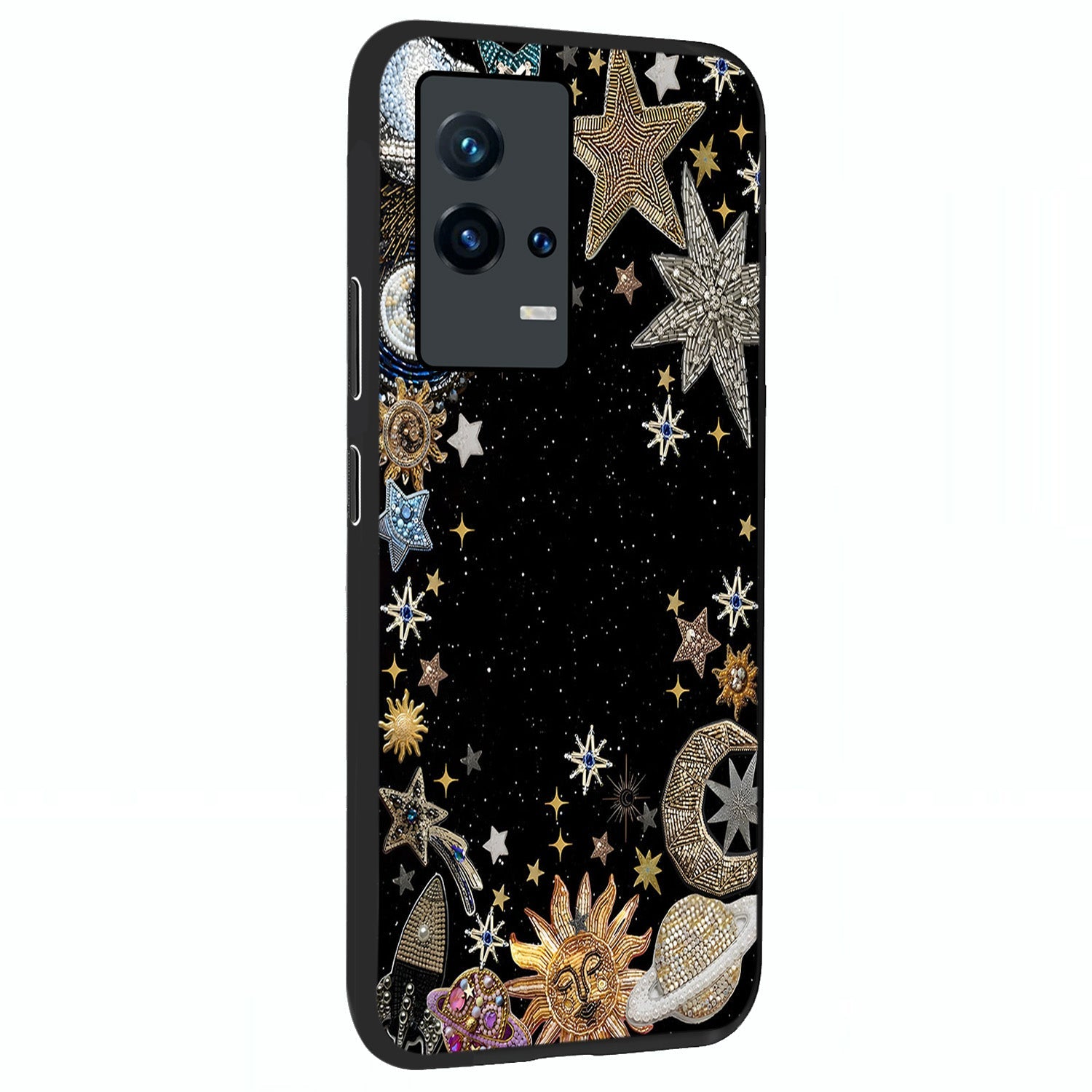 Galactic Jewel Stars Glass Case upright view showcasing glittering star jewel artwork with vibrant galaxy theme.