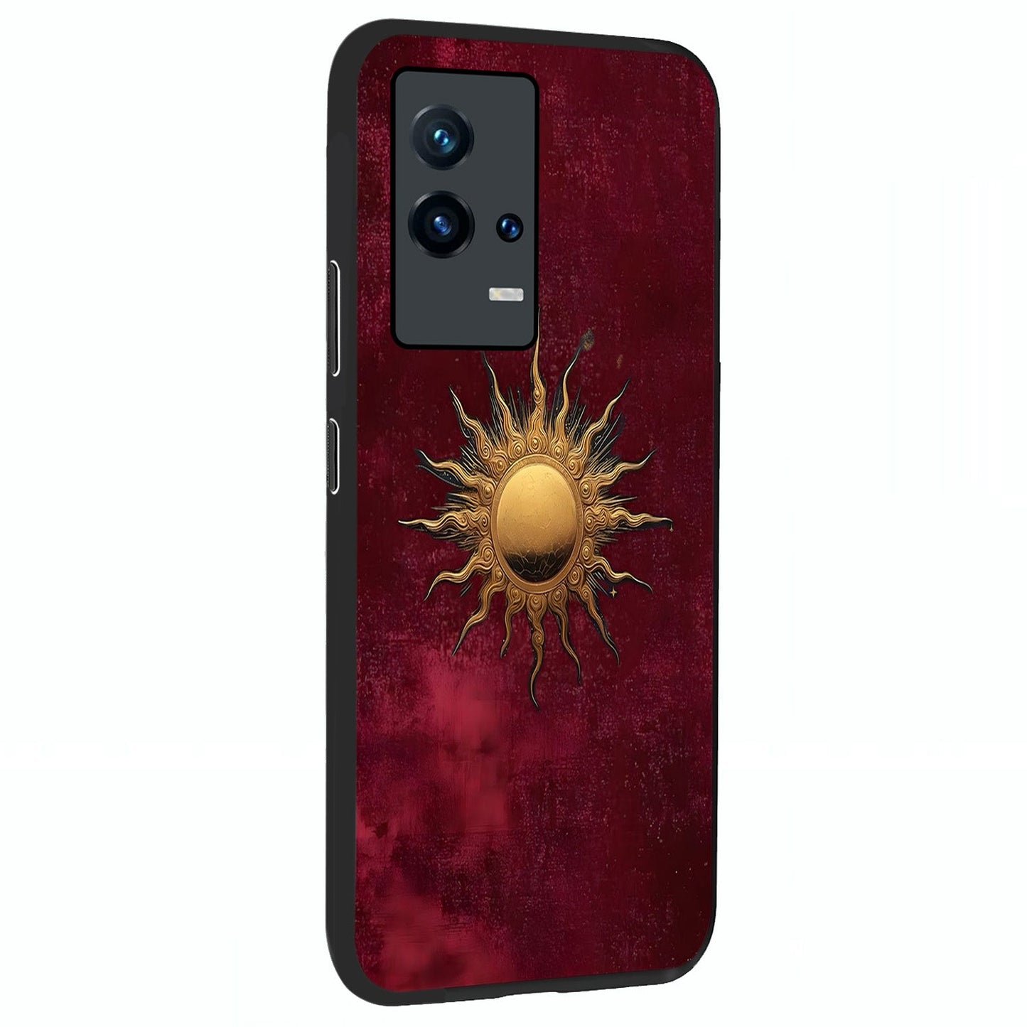 Golden Sun Minimalism Glass Case upright view showcasing simple golden sun artwork with elegant minimalist style.