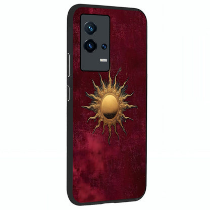 Golden Sun Minimalism Glass Case upright view showcasing simple golden sun artwork with elegant minimalist style.