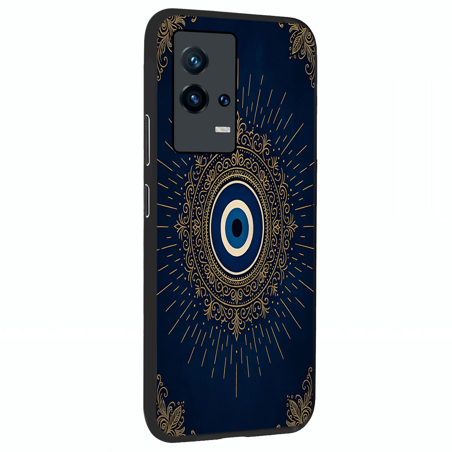 Golden Celestial Charm Glass Case upright view showcasing radiant celestial artwork with elegant golden theme.