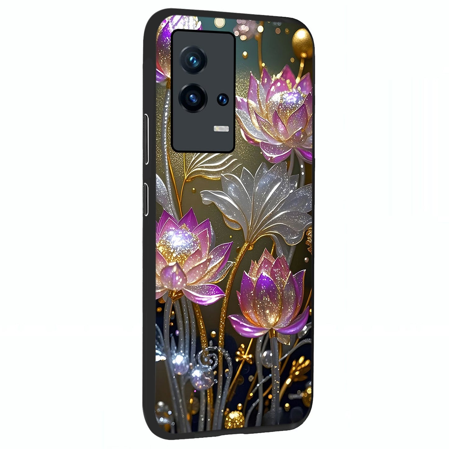 Golden Floral Majesty Glass Case upright view showcasing majestic floral artwork with rich decorative theme.