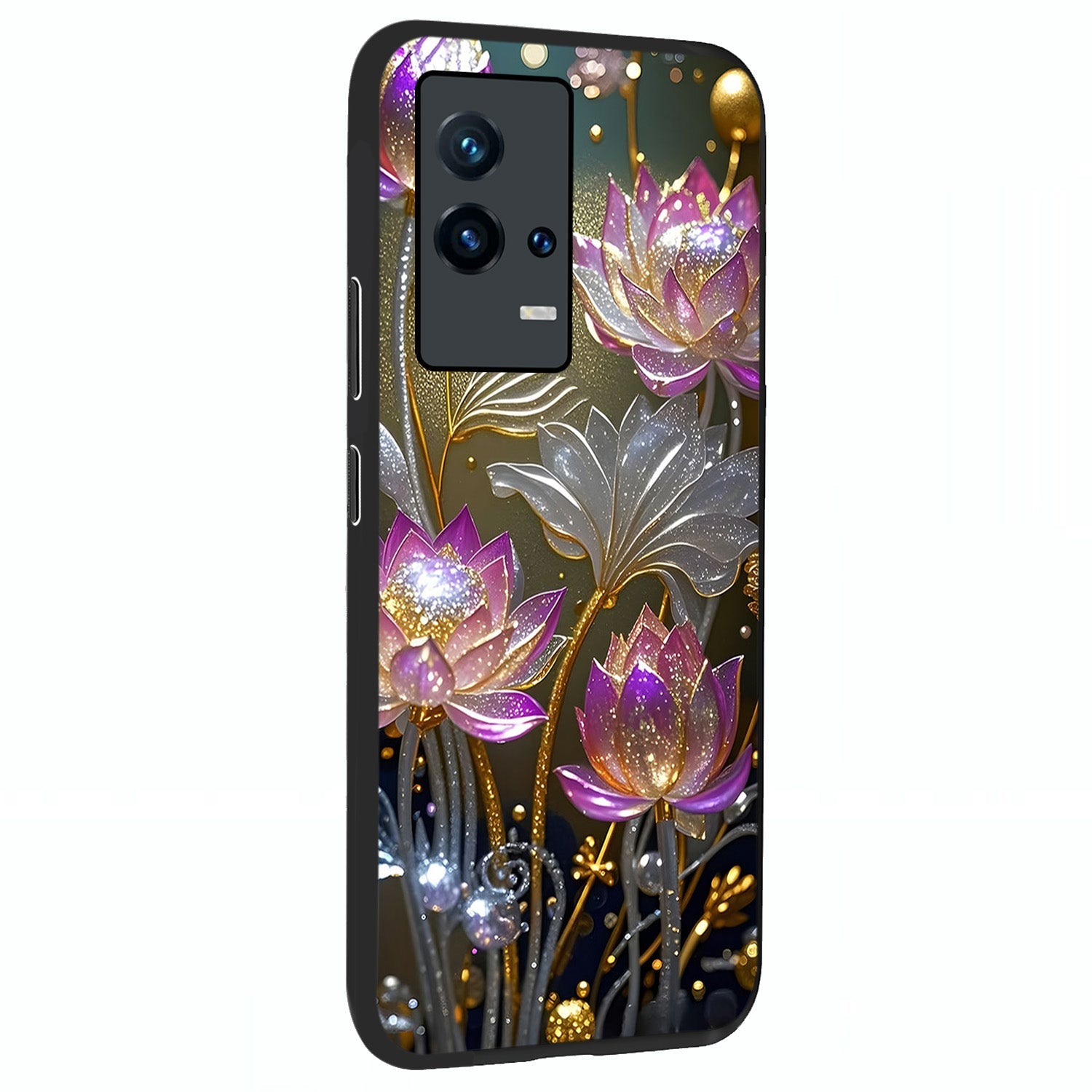 Golden Floral Majesty Glass Case upright view showcasing majestic floral artwork with rich decorative theme.