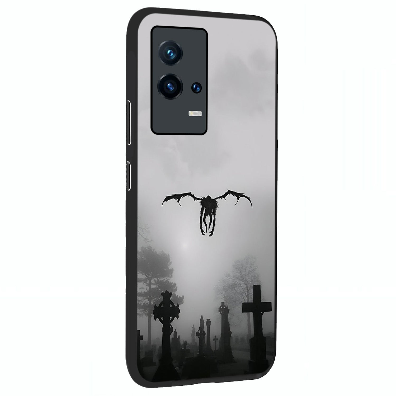 Graveyard Shadow Descent Glass Case upright view showcasing haunting graveyard artwork with dramatic dark theme.