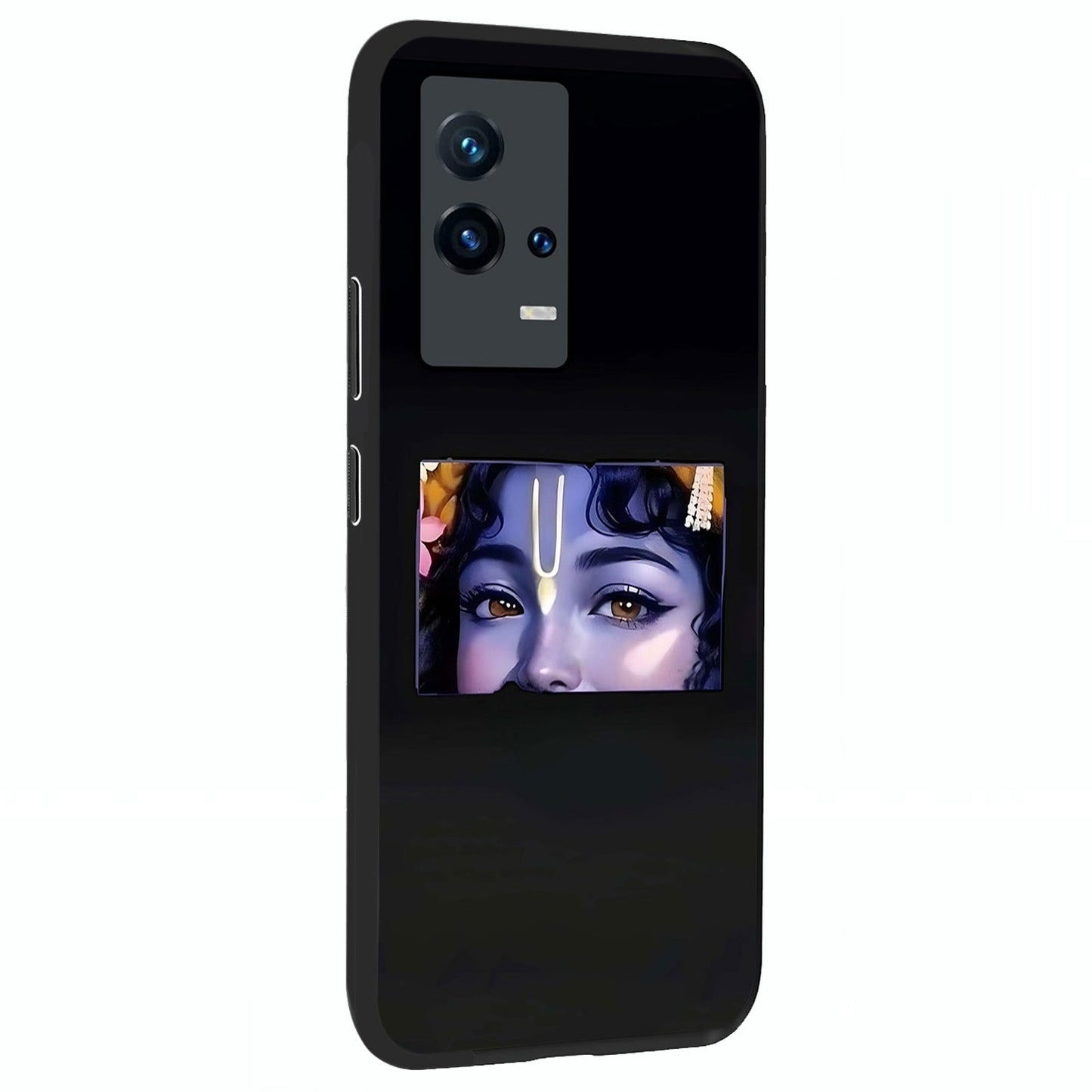 Krishna Divine Embrace Glass Case upright view showcasing sacred Krishna artwork with peaceful devotional theme.
