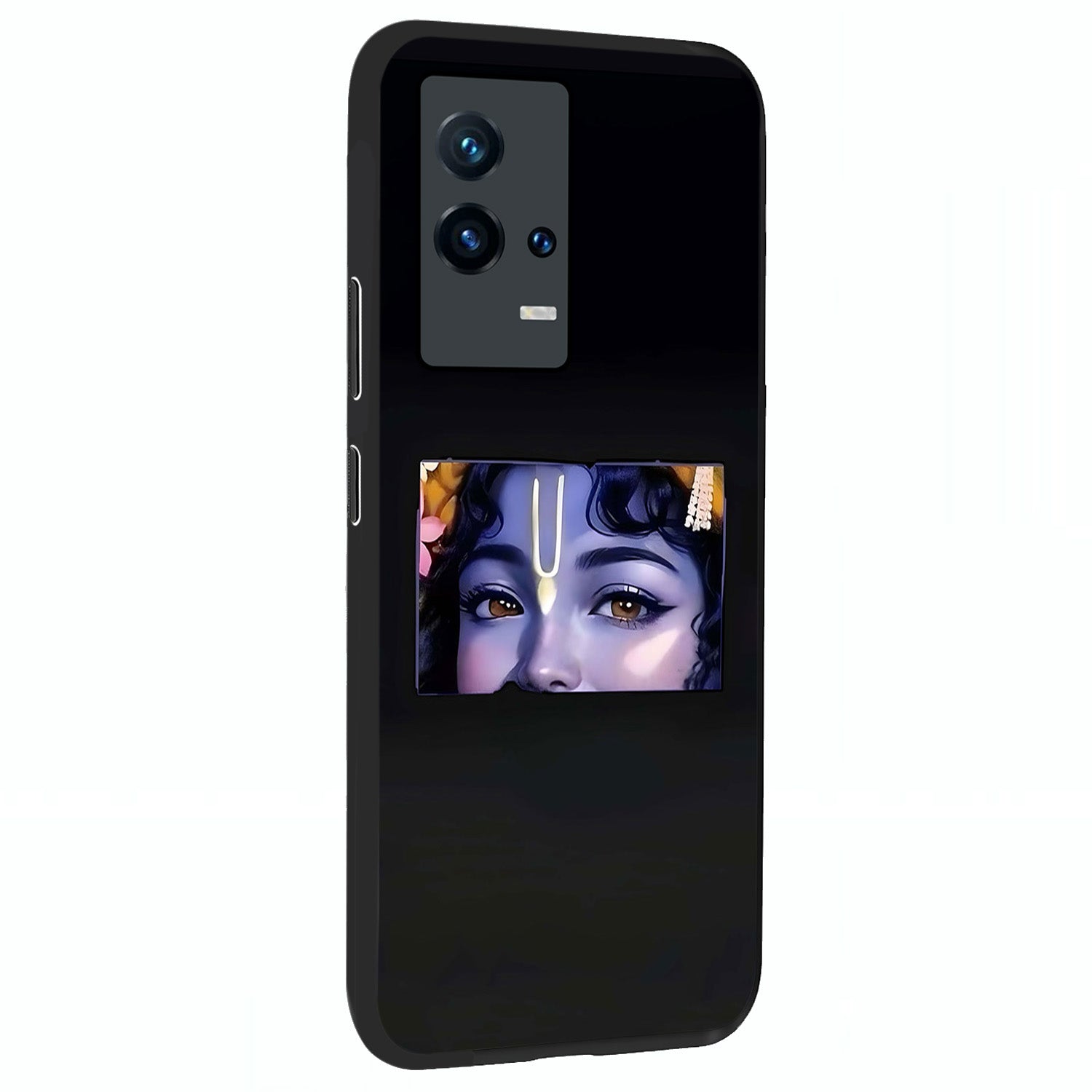 Krishna Divine Embrace Glass Case upright view showcasing sacred Krishna artwork with peaceful devotional theme.