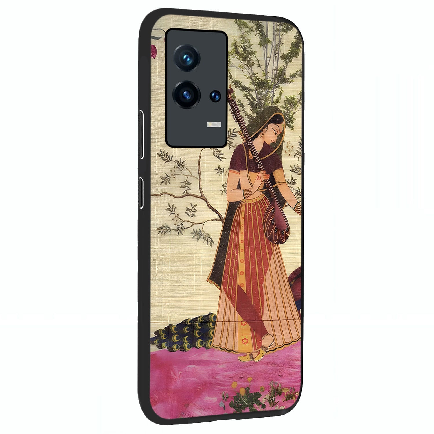 Lady With Veena Art Glass Case upright view showcasing classical veena artwork with traditional artistic theme.