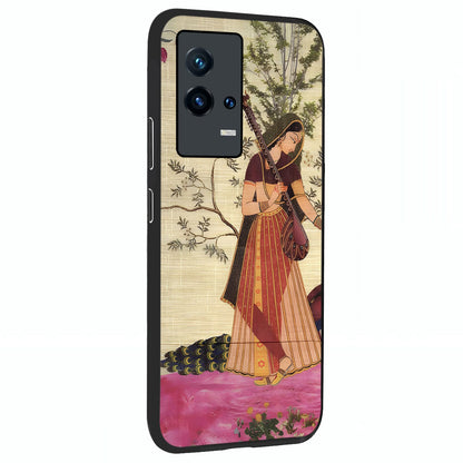 Lady With Veena Art Glass Case upright view showcasing classical veena artwork with traditional artistic theme.