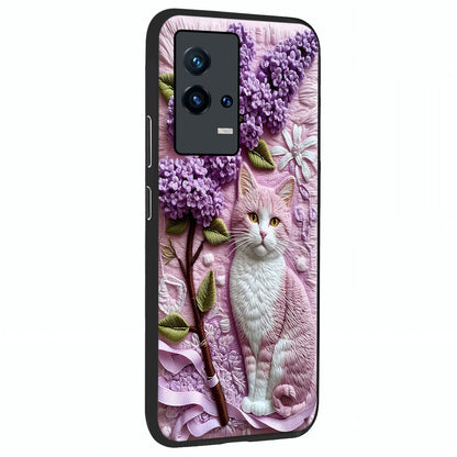 Lavender Cat Whimsy Glass Case upright view showcasing charming cat artwork with whimsical lavender theme.