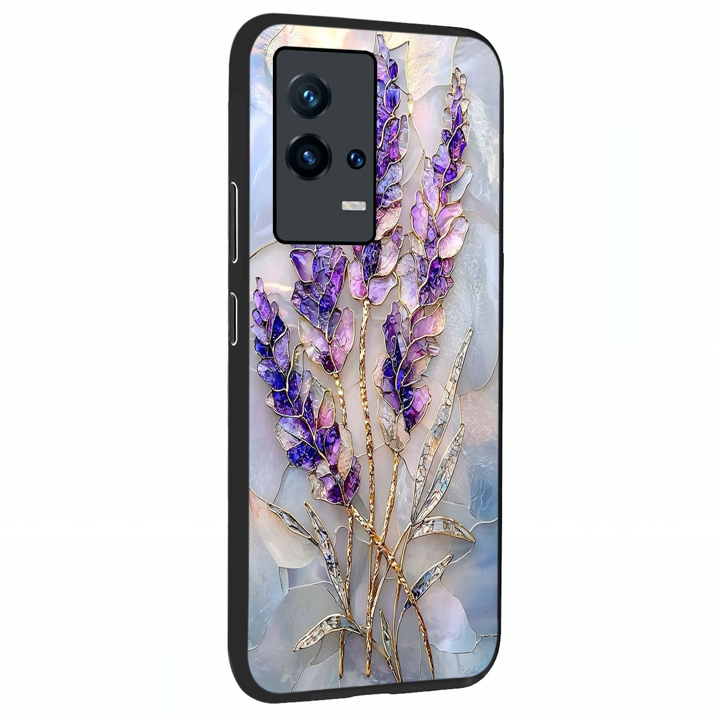 Lavender Dream Glow Glass Case upright view showcasing radiant lavender glow artwork with calming dreamy theme.