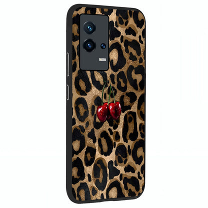Leopard Wild Cherry Glass Case upright view showcasing stylish leopard pattern artwork with trendy fashion theme.