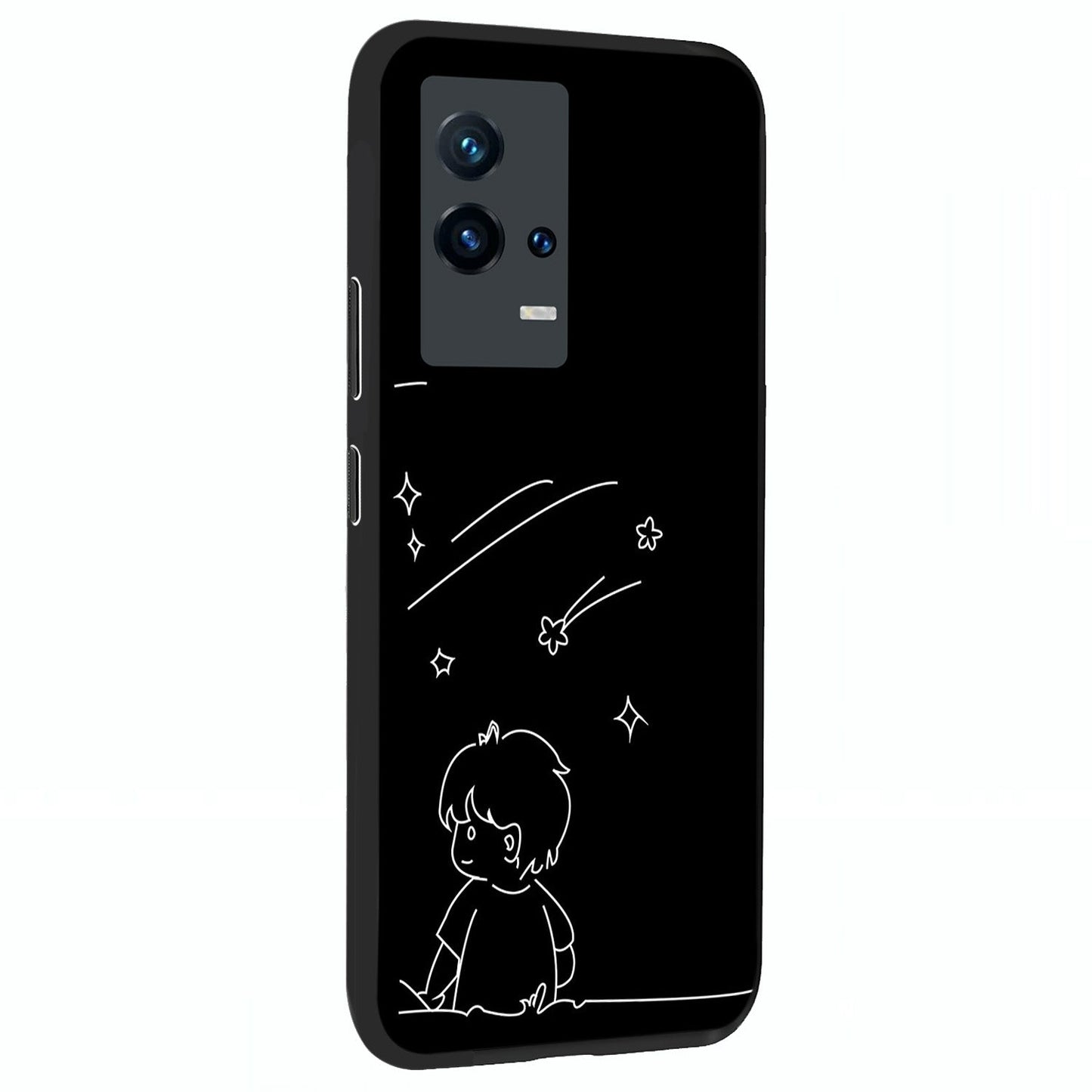 Line Art Boy With Shooting Stars Glass Case upright view showcasing artistic shooting star illustration with minimal style.