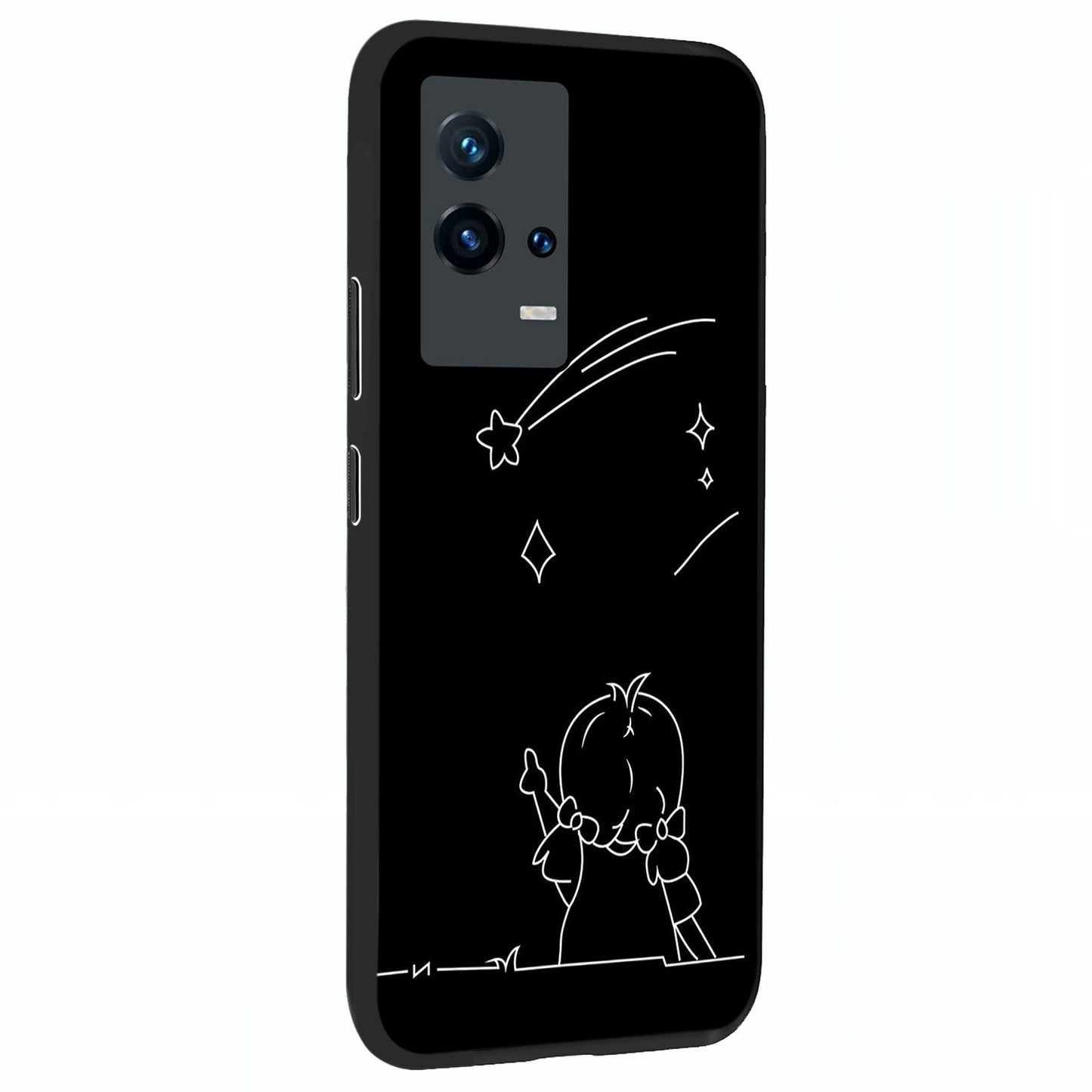Line Art Girl With Shooting Stars Glass Case upright view showcasing delicate shooting stars artwork with minimal artistic theme.