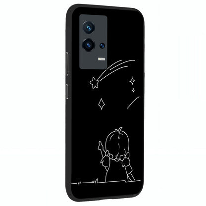 Line Art Girl With Shooting Stars Glass Case upright view showcasing delicate shooting stars artwork with minimal artistic theme.