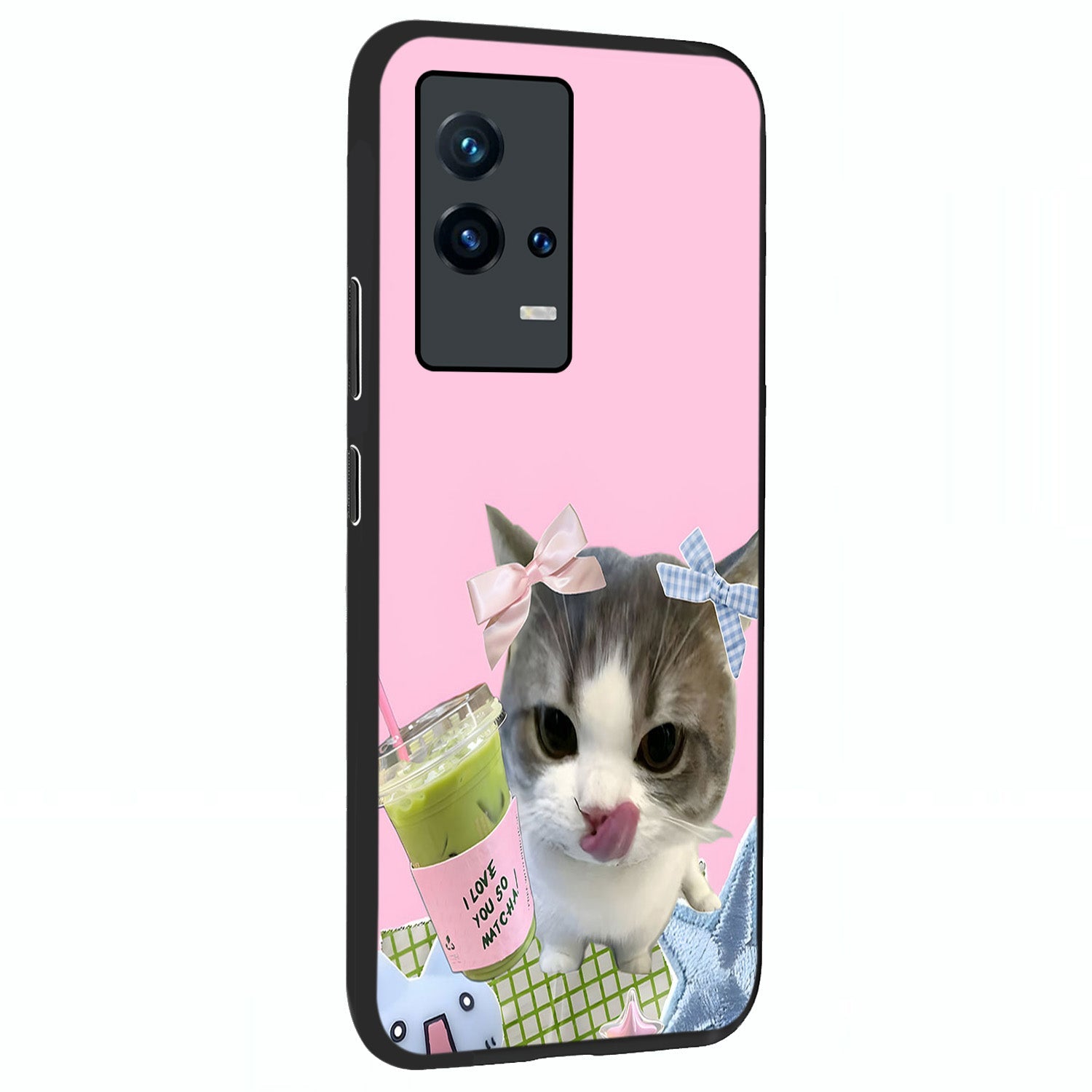 Love Matcha Cat Glass Case upright view showcasing adorable cat artwork with charming matcha themed design.