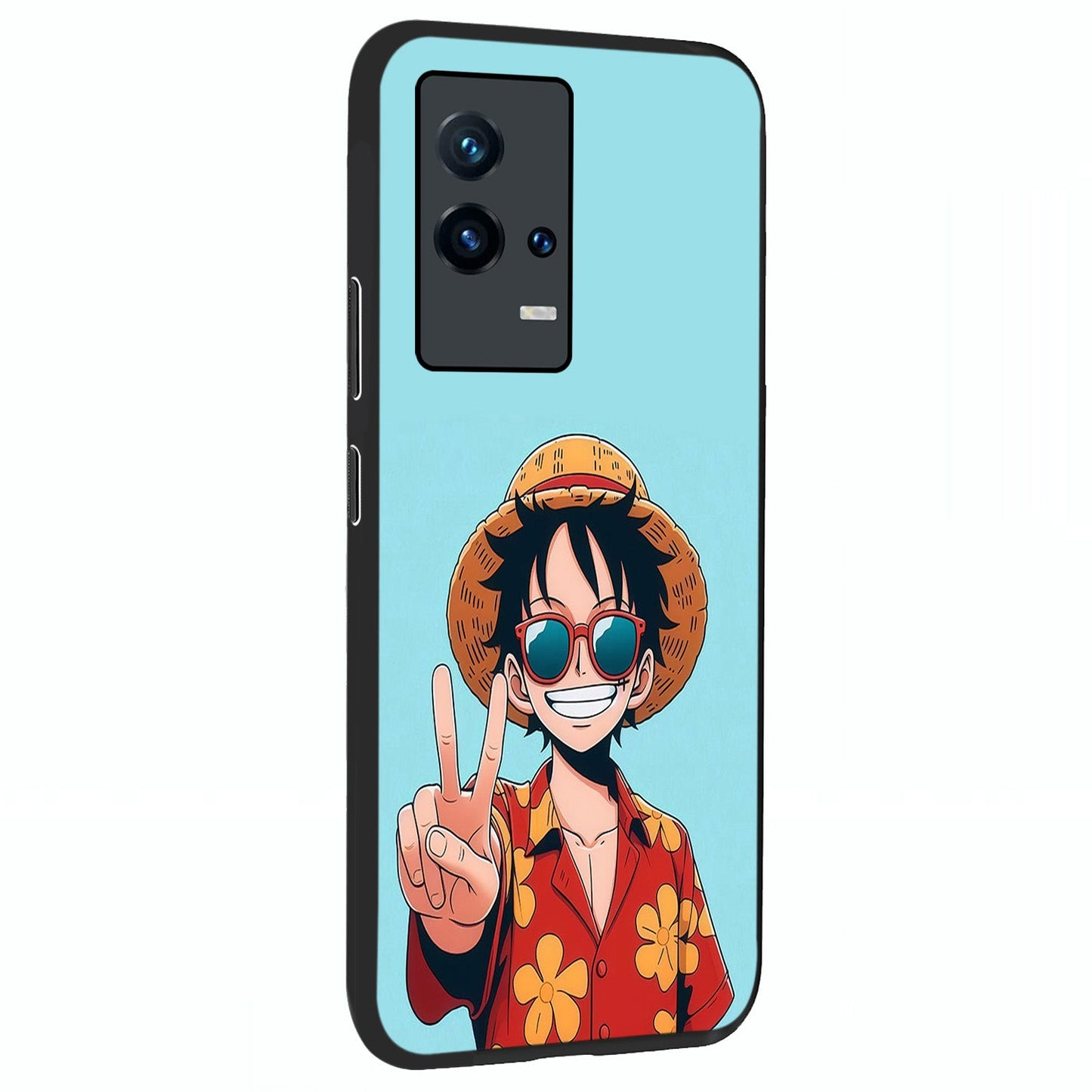 Luffy Summer Anime Vibe Glass Case upright view showcasing dynamic anime artwork with bright adventurous theme.