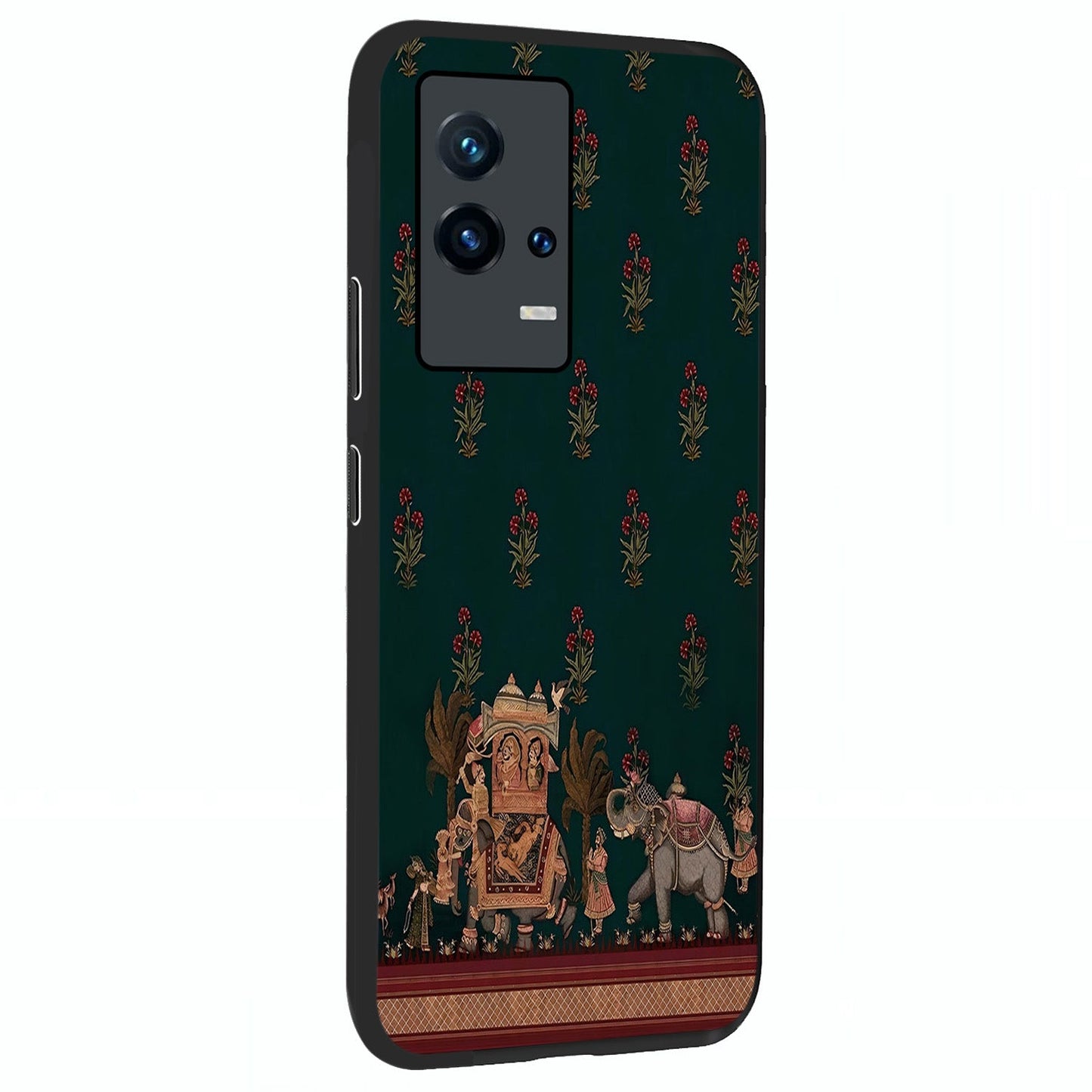 Macmerise Glass Case upright view showcasing bold artistic artwork with contemporary design theme.