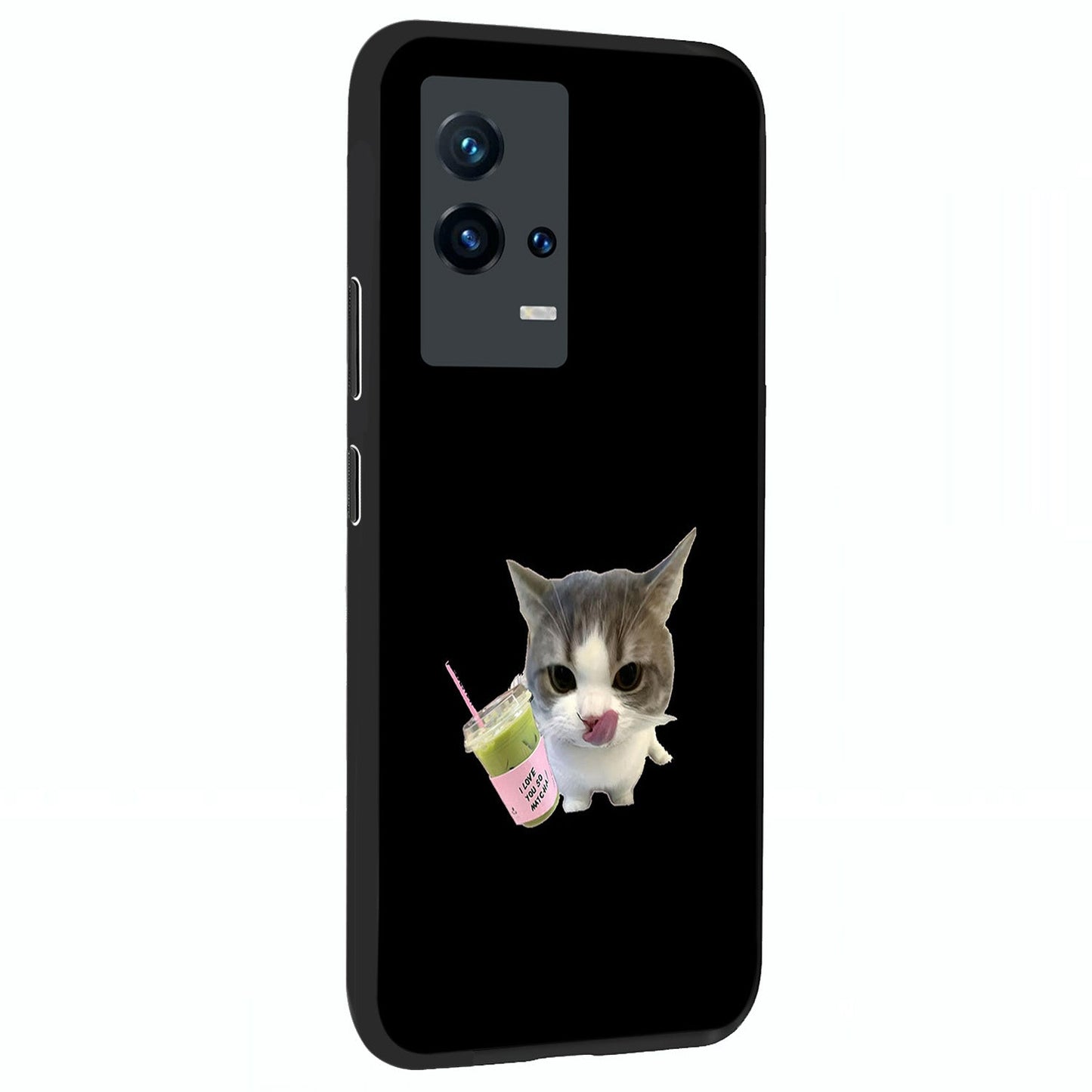 Matcha Cat Style Glass Case upright view showcasing charming cat artwork with cozy aesthetic theme.