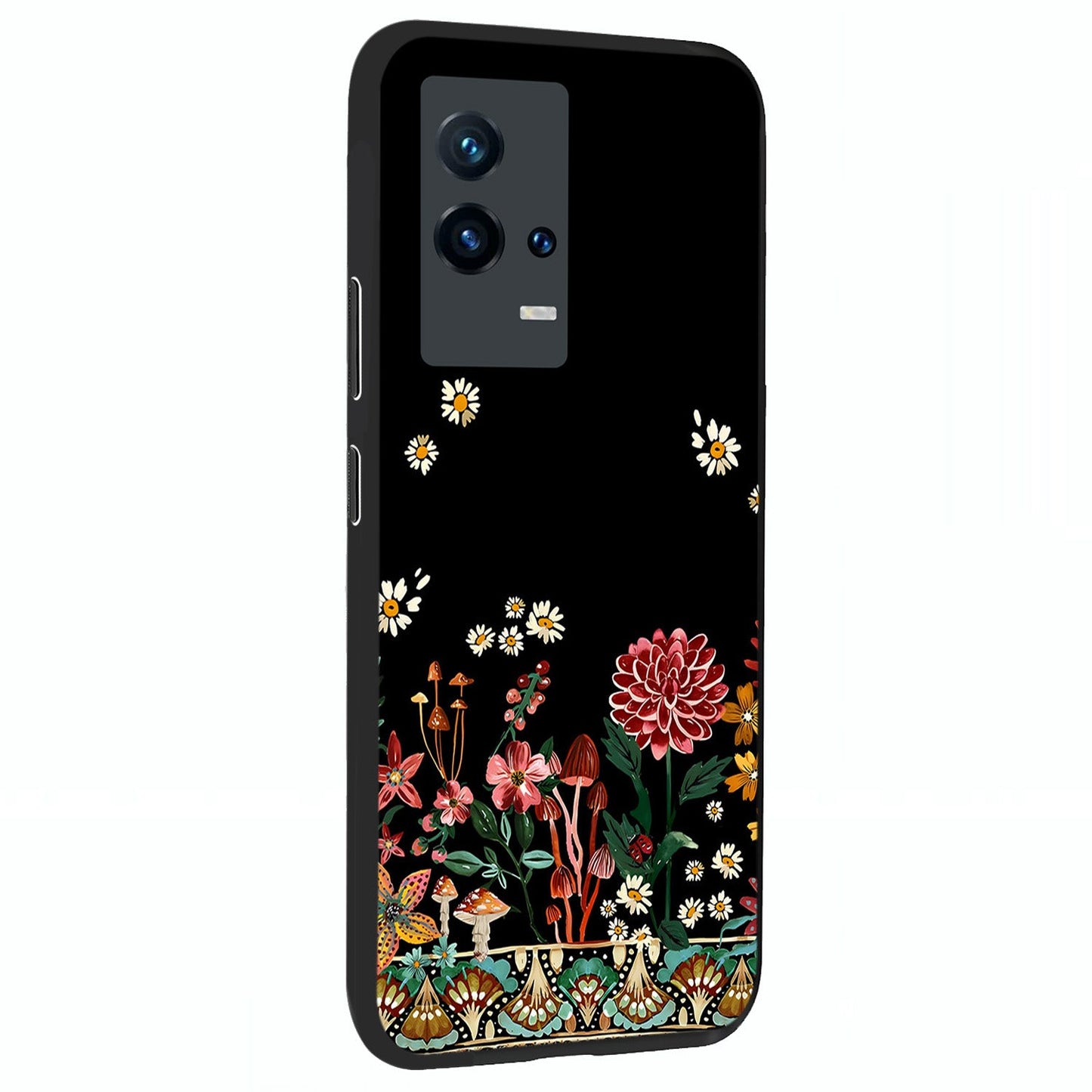 Midnight Bloom Pattern Glass Case upright view showcasing decorative floral artwork with deep night themed palette.