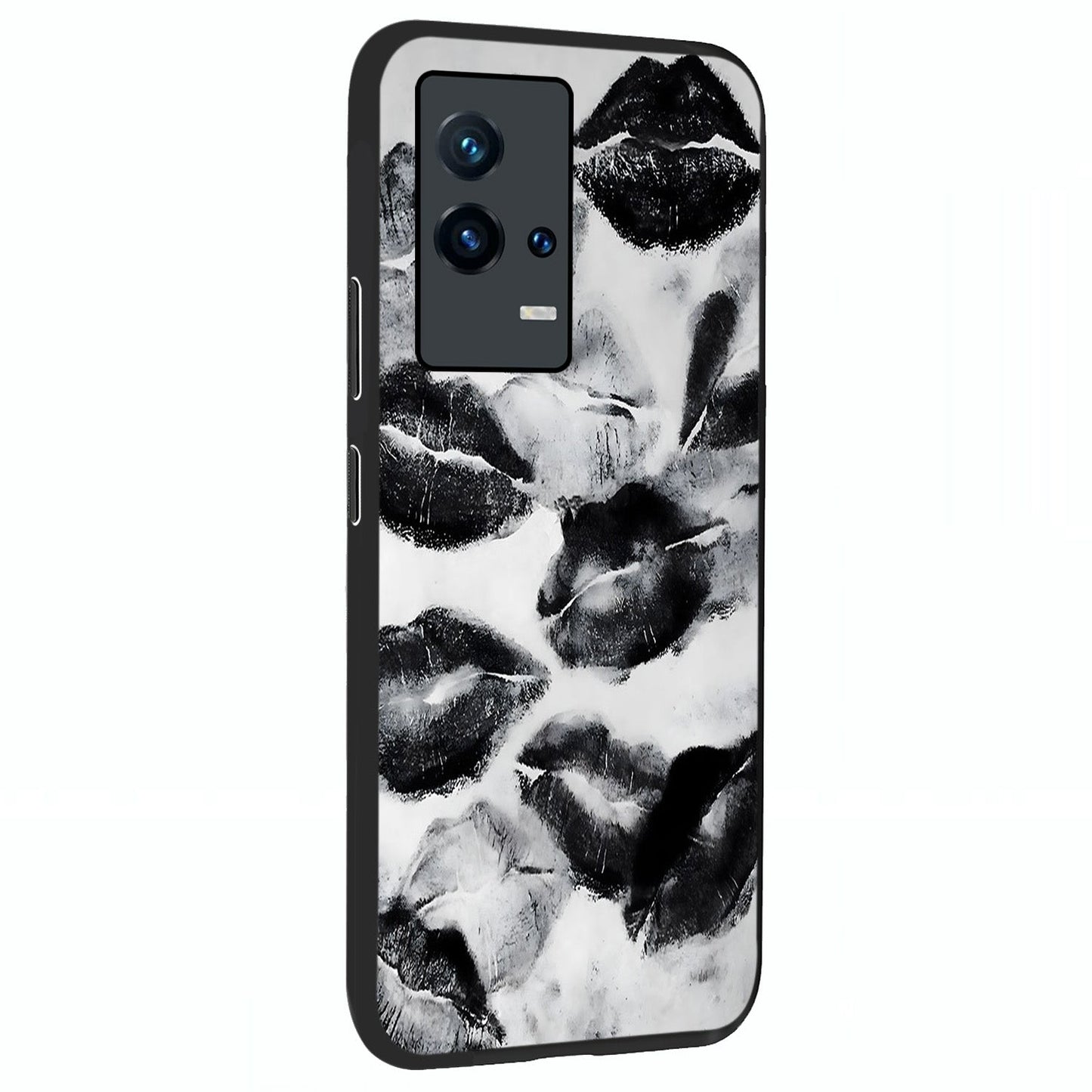 Midnight Kiss Marks Glass Case upright view showcasing stylish kiss mark artwork with trendy romantic theme.
