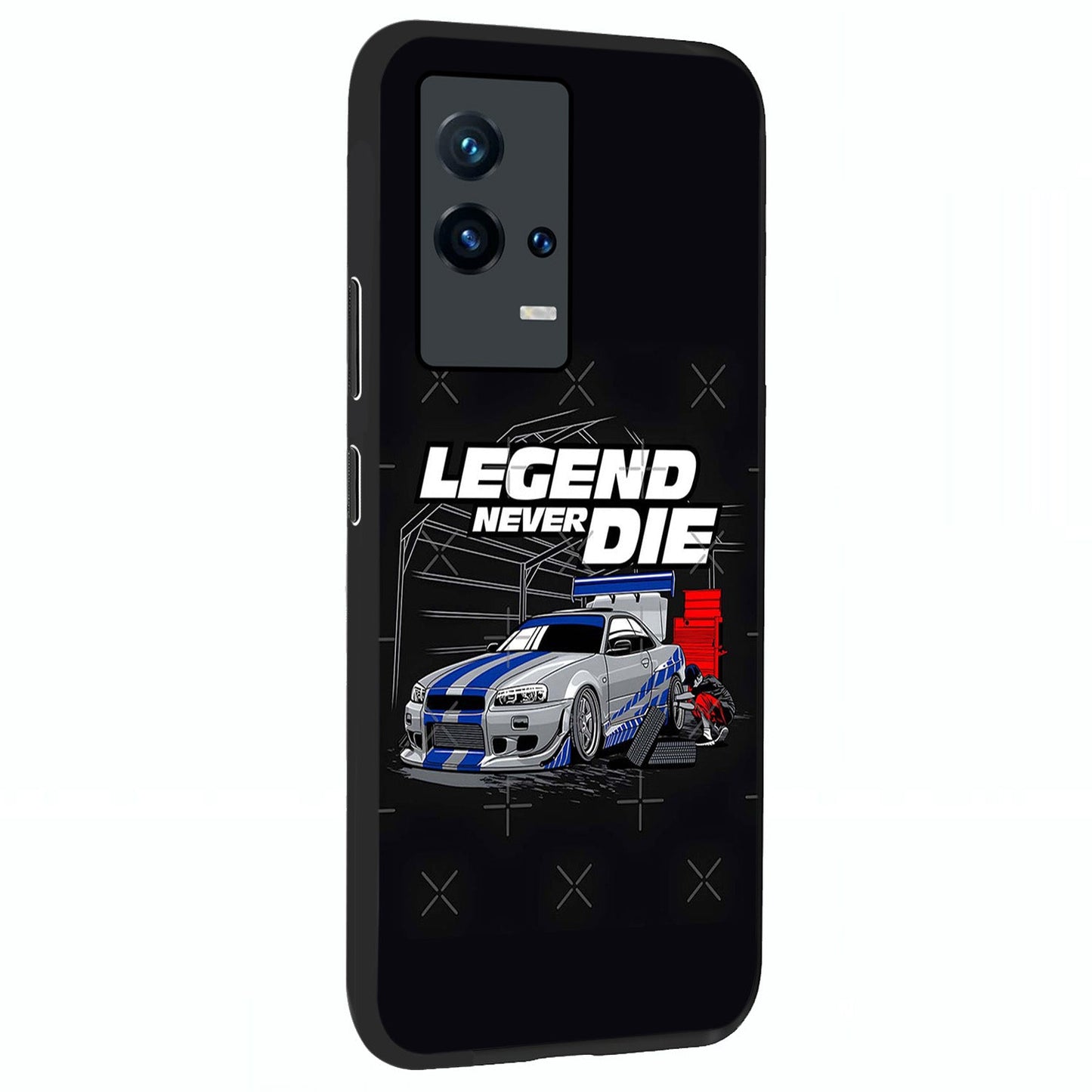 Midnight Racing Legacy Glass Case upright view showcasing powerful racing artwork with modern sports theme.