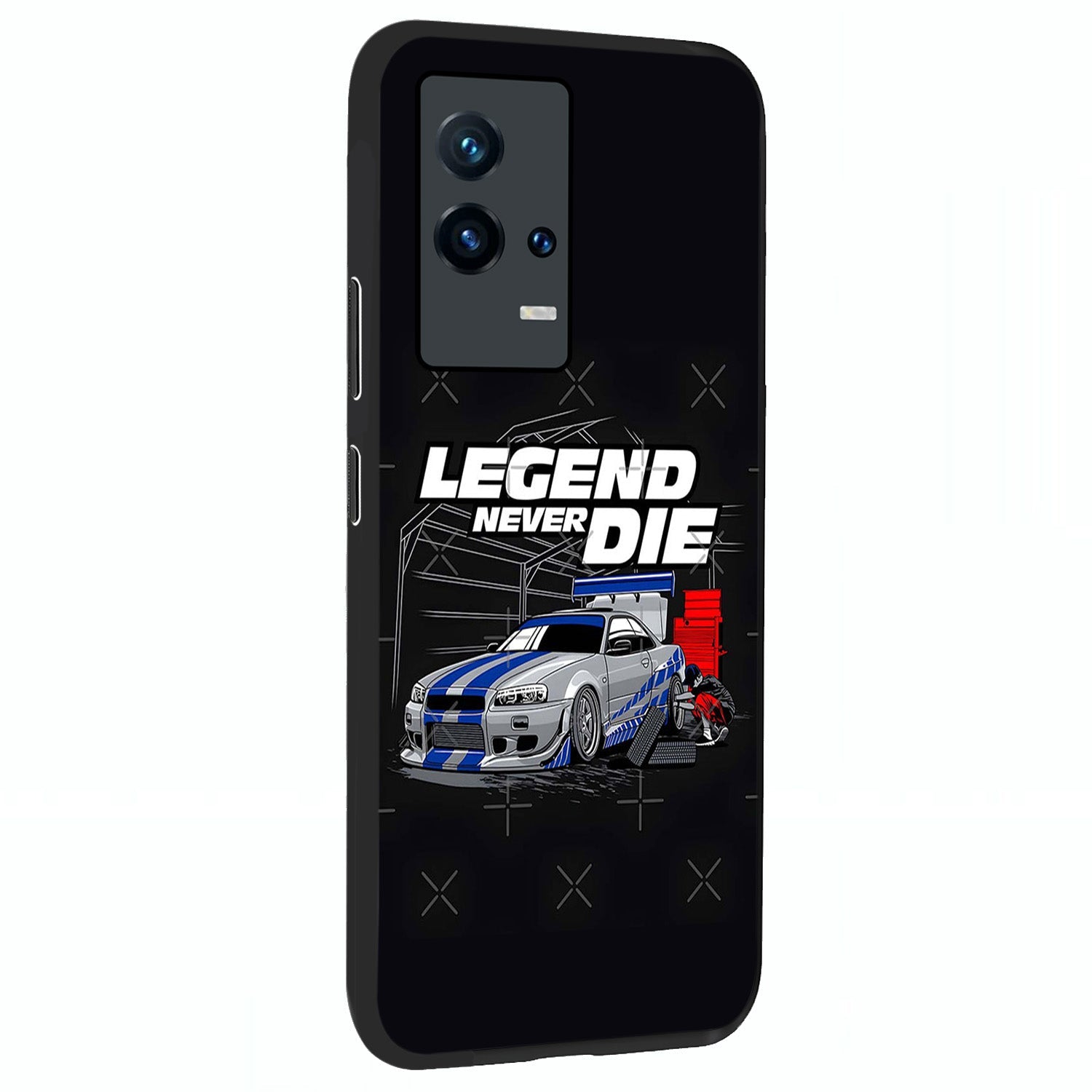 Midnight Racing Legacy Glass Case upright view showcasing powerful racing artwork with modern sports theme.