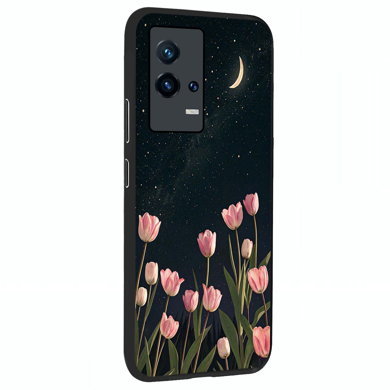 Midnight Tulip Whispers Vibe Glass Case upright view showcasing graceful tulip artwork with calm botanical theme.