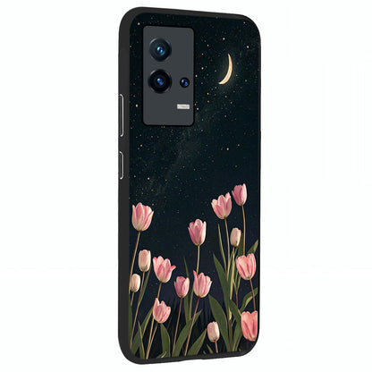Midnight Tulip Whispers Vibe Glass Case upright view showcasing graceful tulip artwork with calm botanical theme.