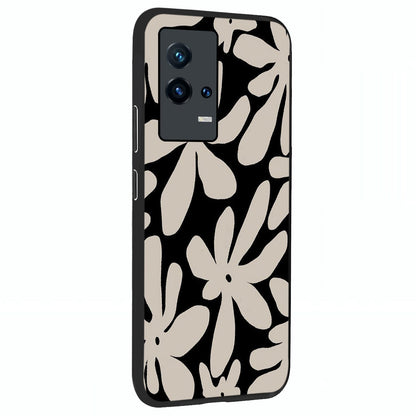 Monochrome Petal Dance Glass Case upright view showcasing artistic floral pattern with stylish monochrome theme.