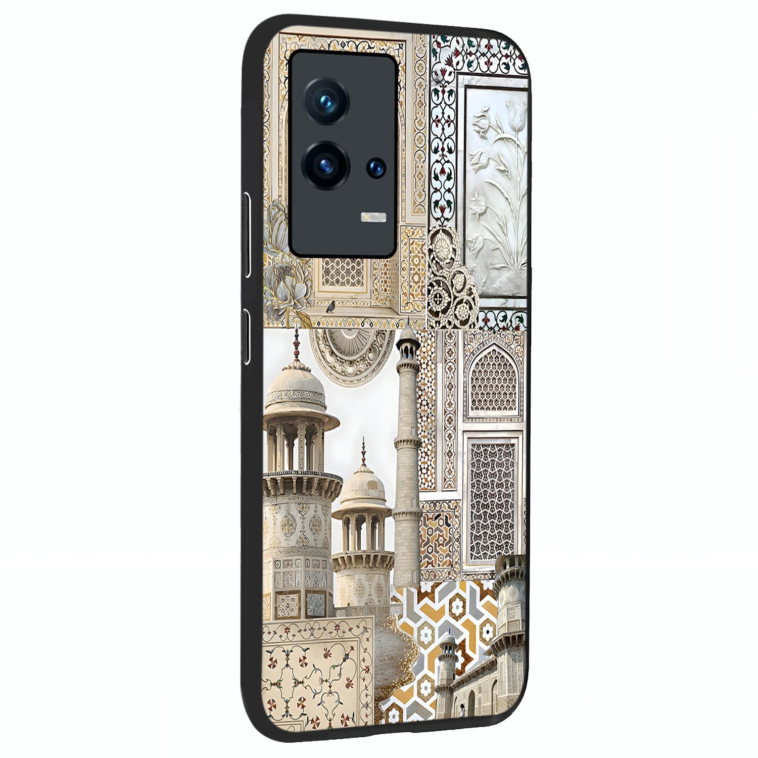 Mughal Marble Legacy Glass Case upright view showcasing ornate Mughal design with luxurious traditional theme.