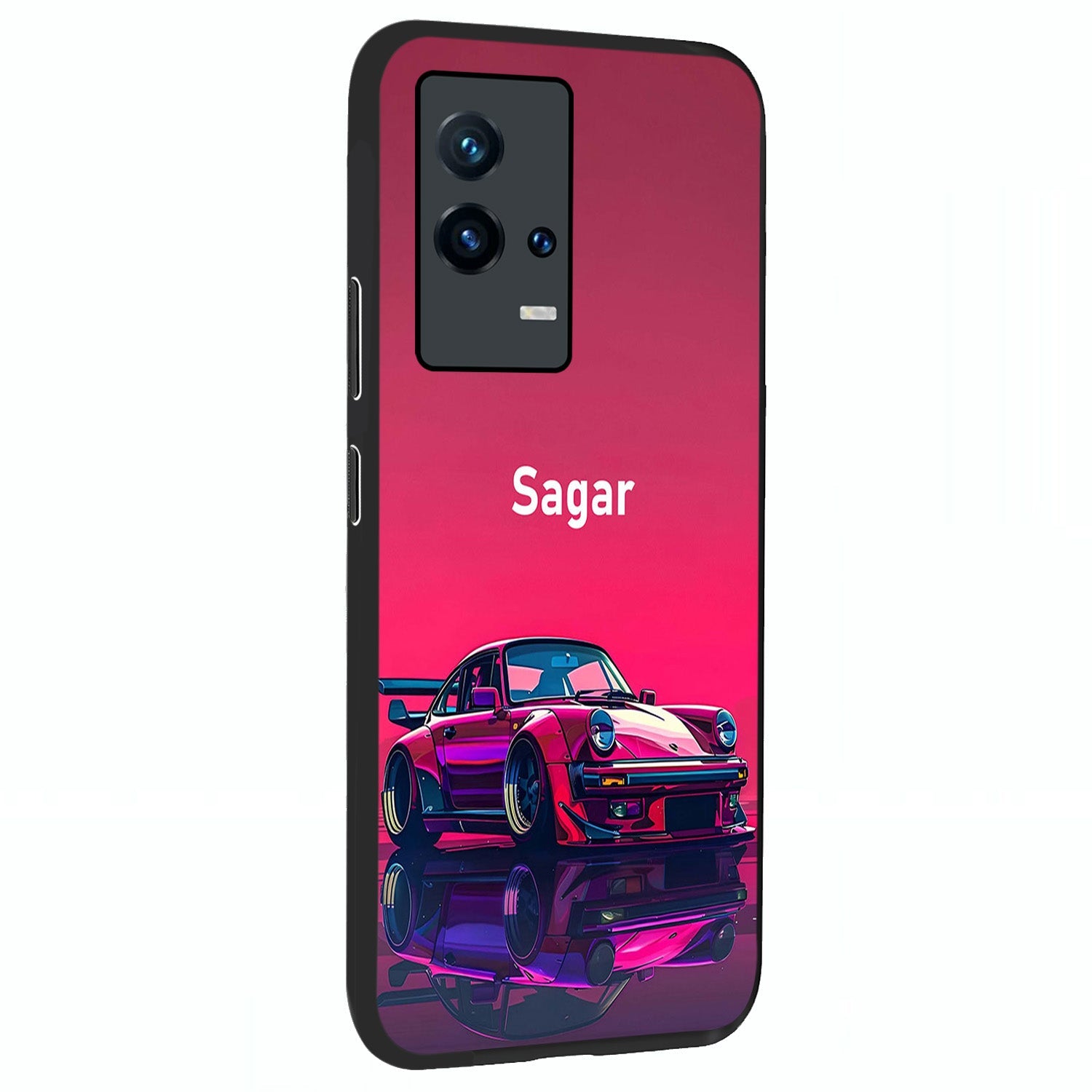 Neon Pink Porsche Glass Case upright view showcasing vibrant sports car artwork with bold automotive theme.