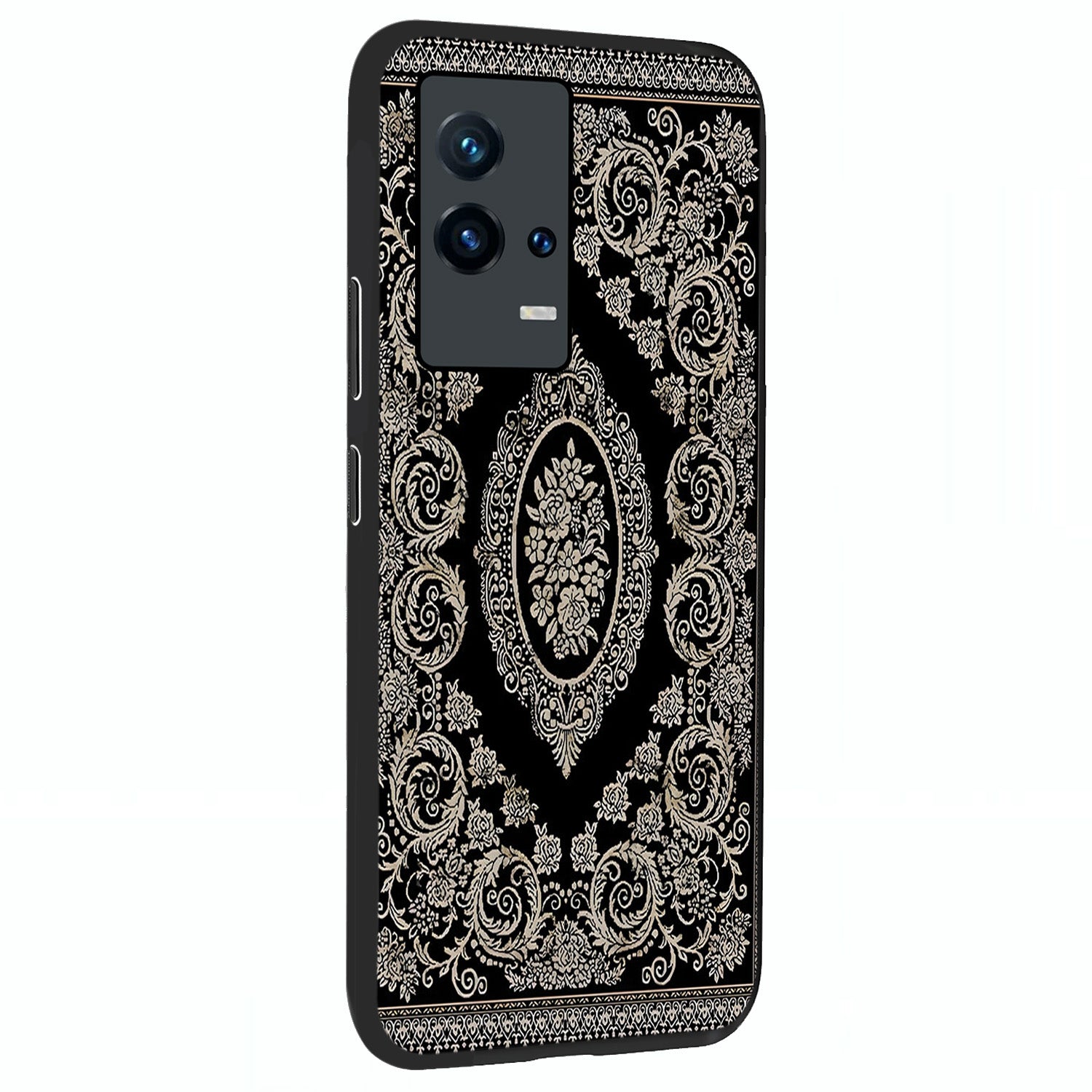 Noir Bloom Elegance Glass Case upright view showcasing graceful floral artwork with luxurious dark theme.