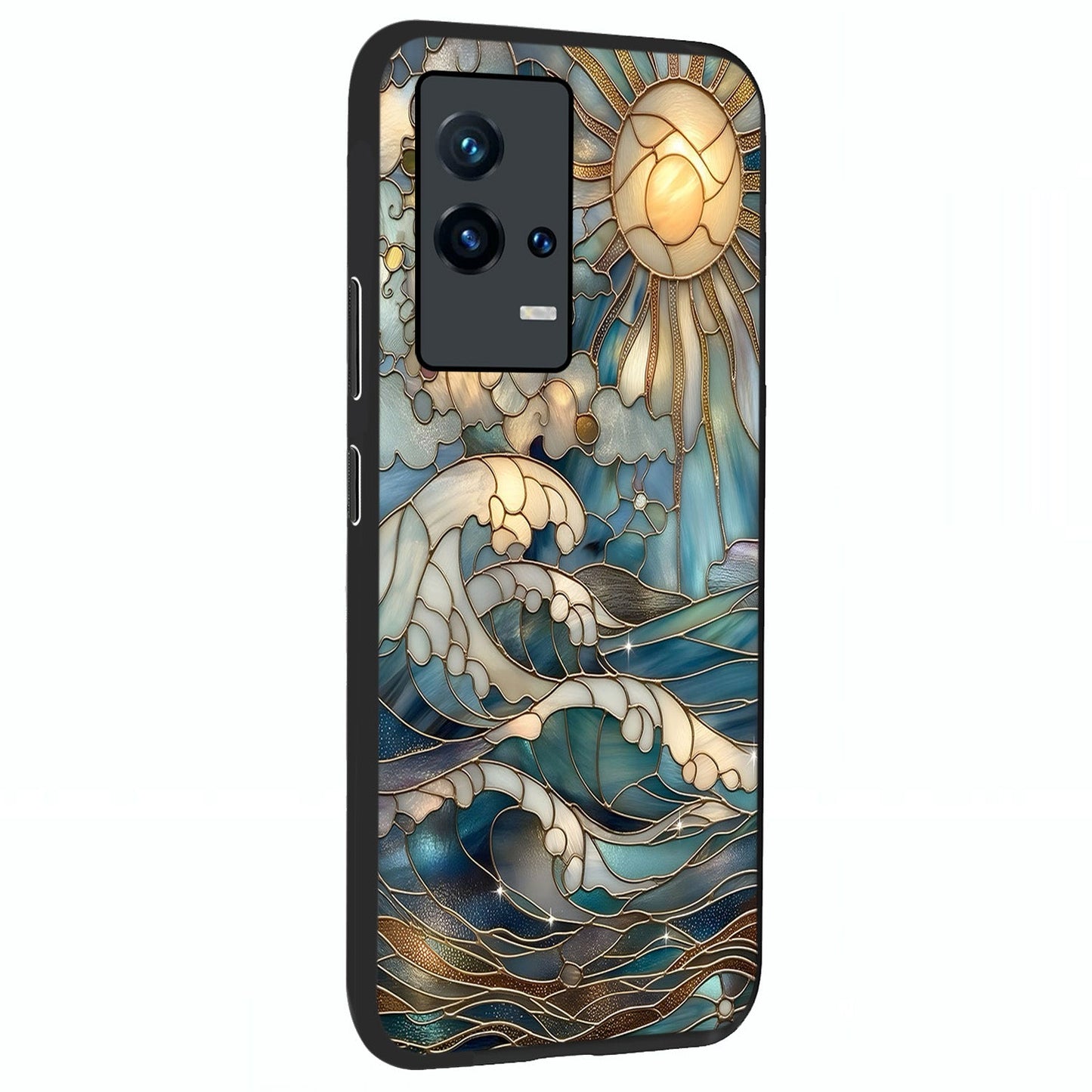 Oceanic Stained Printed Glass Case upright view showcasing decorative ocean pattern artwork with vibrant marine theme.
