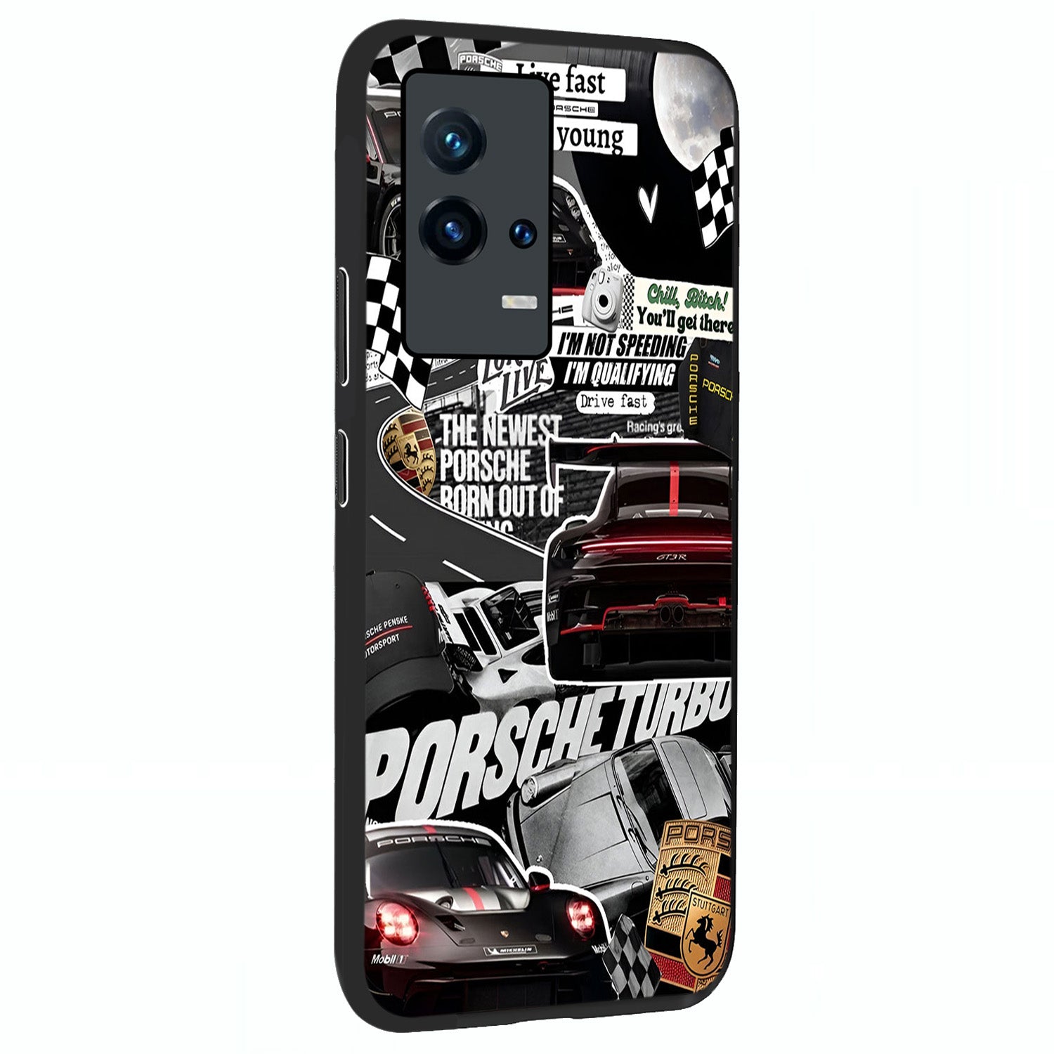 Porsche Racing Collage Glass Case upright view showcasing energetic car collage artwork with high speed racing theme.