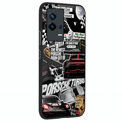 Porsche Racing Collage Glass Case upright view showcasing energetic car collage artwork with high speed racing theme.