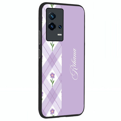 Purple Diamond Floral Glass Case upright view showcasing vibrant floral artwork with stylish geometric theme.