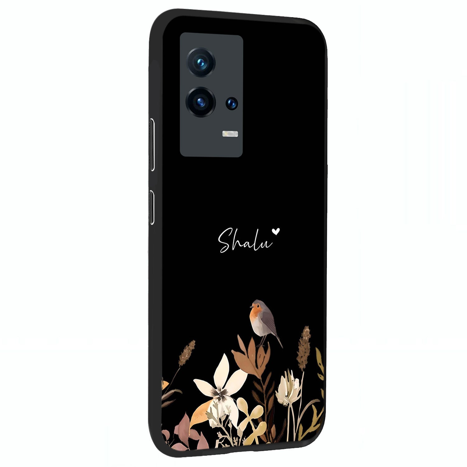 Quiet Garden Tune Custom Name Glass Case upright view showcasing serene botanical artwork with personalized aesthetic.