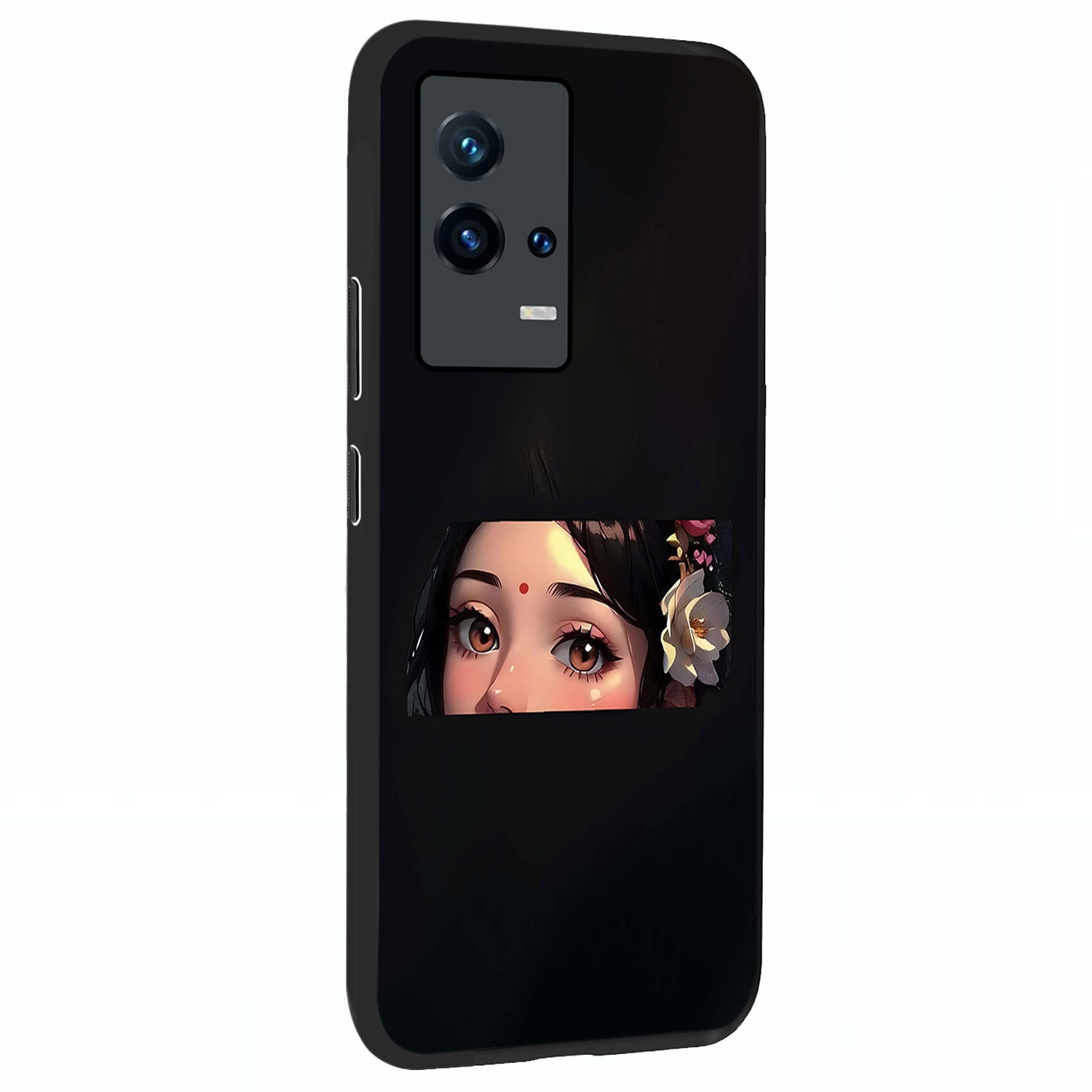 Radha Divine Embrace Glass Case upright view showcasing sacred Radha themed artwork with peaceful devotional style.