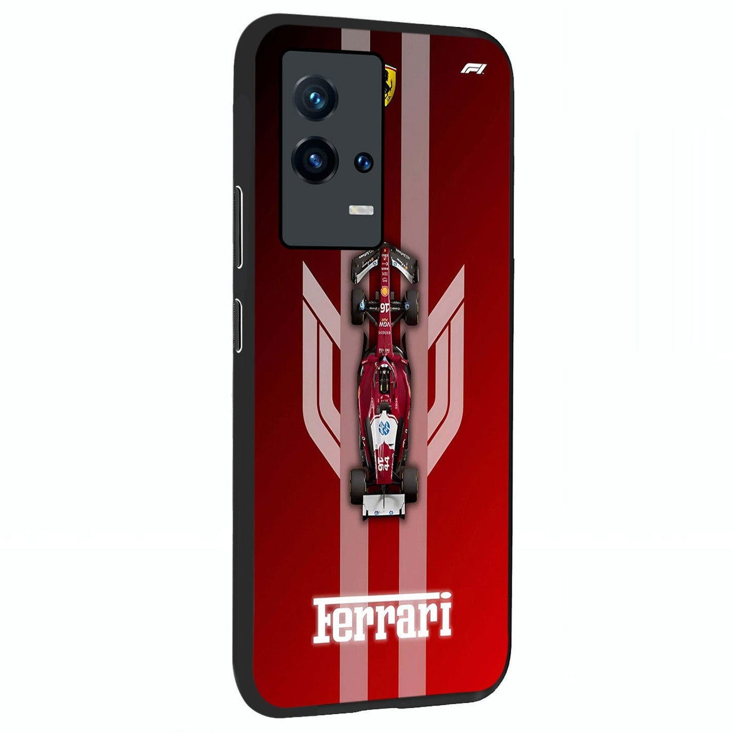 Red Ferrari F1 Vertical Glass Case upright view showcasing powerful Formula car artwork with dynamic motorsport theme.