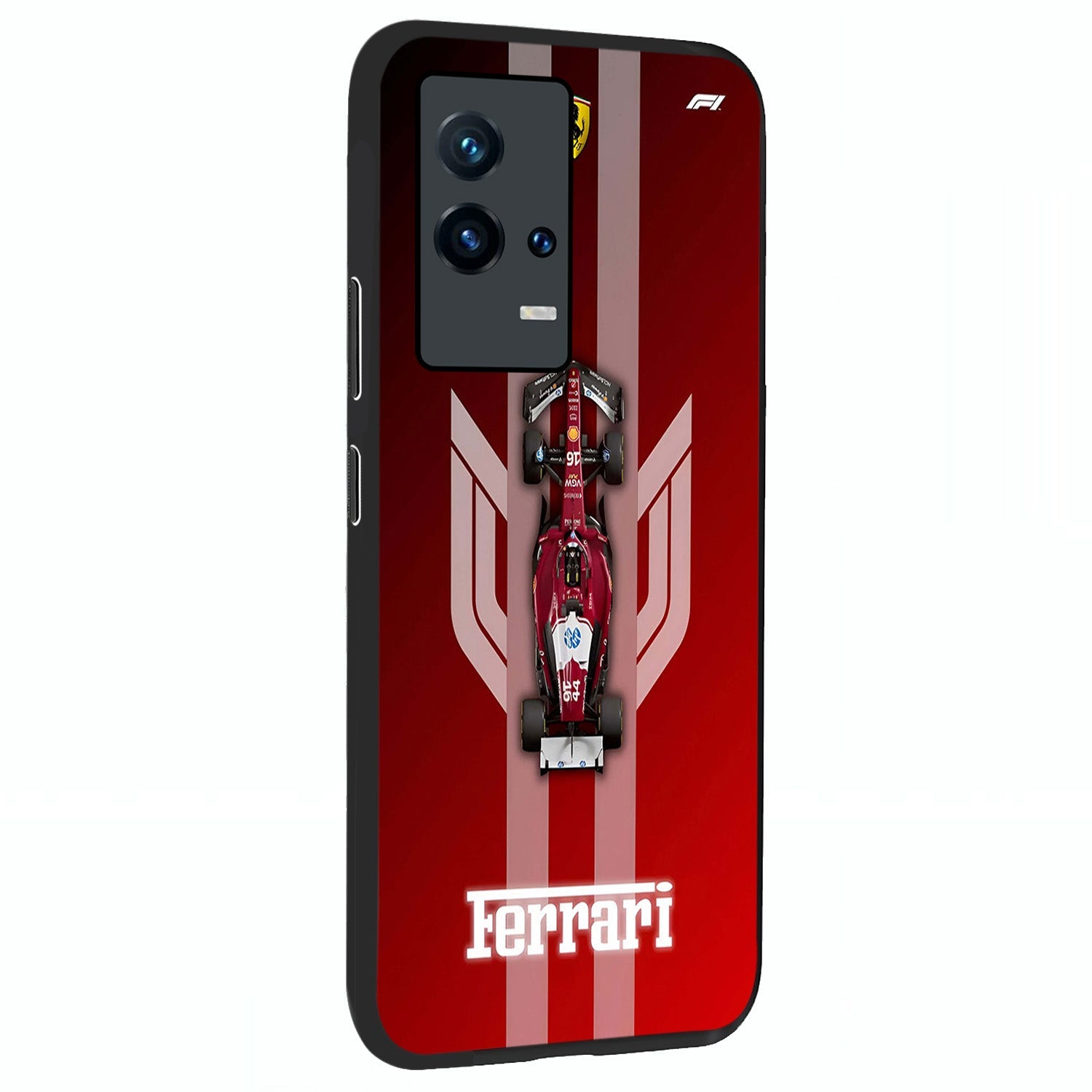 Red Ferrari F1 Vertical Glass Case upright view showcasing powerful Formula car artwork with dynamic motorsport theme.