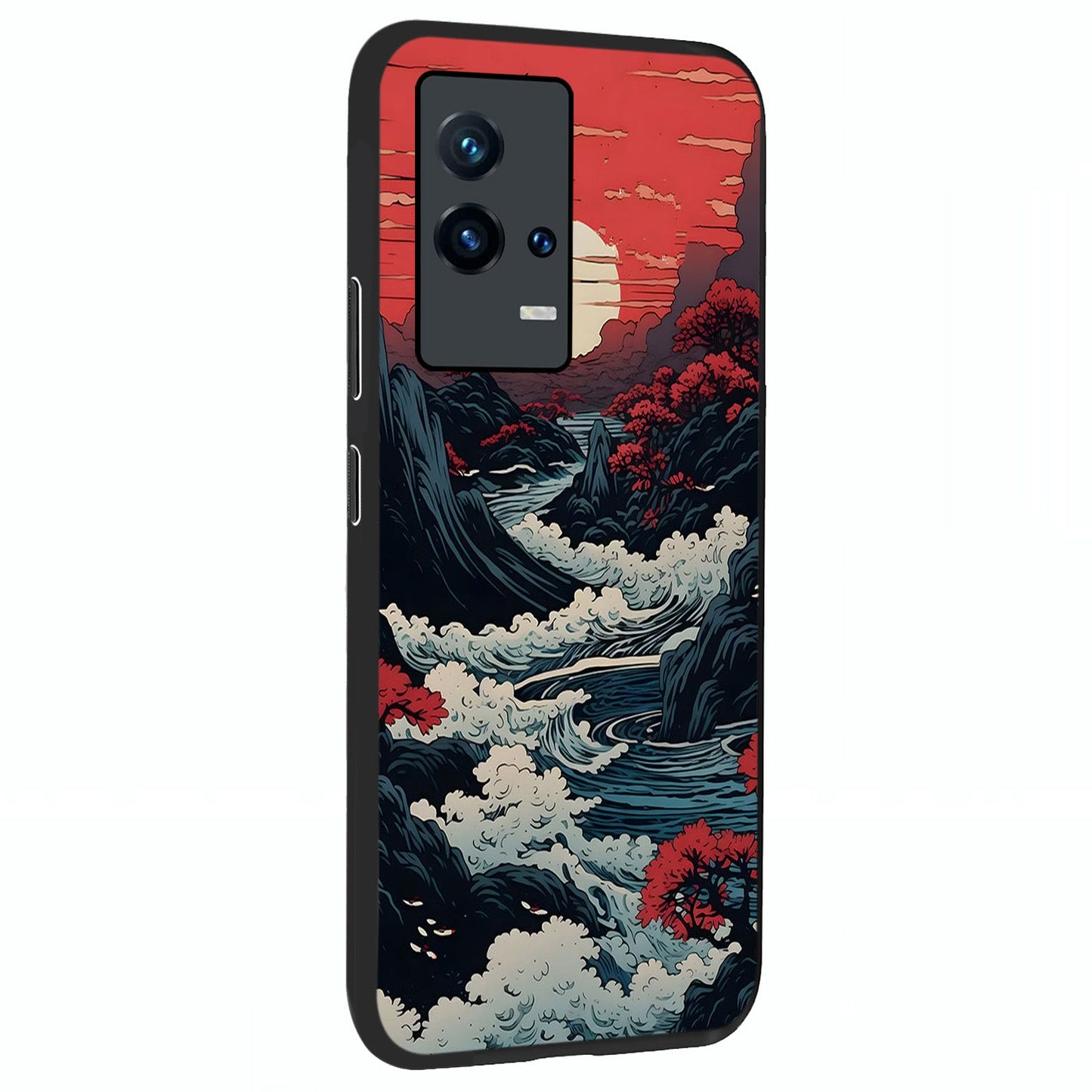 Red Sunset Scenery Glass Case upright view showcasing dramatic sunset scenery artwork with warm nature theme.