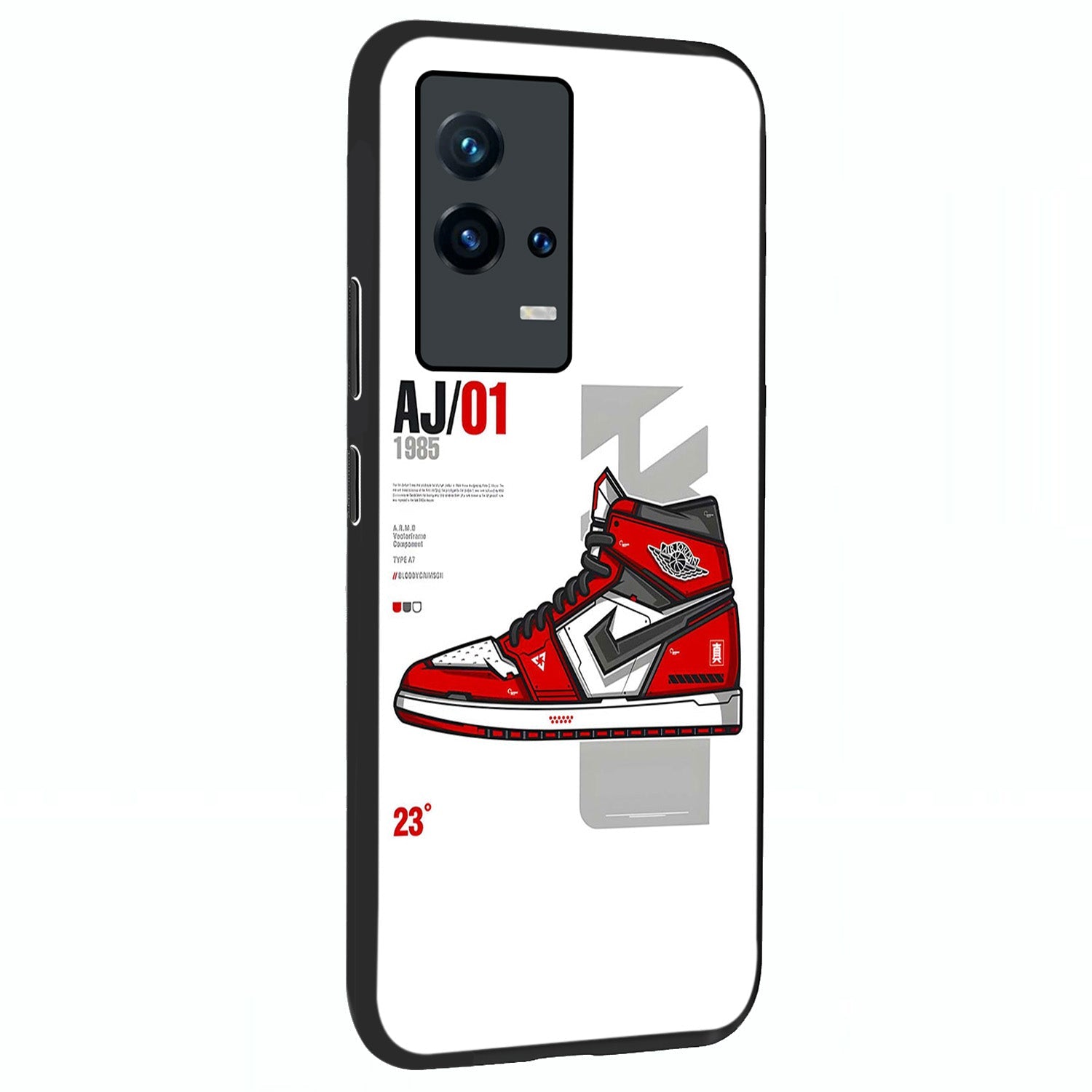 Retro Sneaker Blueprint Glass Case upright view showcasing stylish sneaker illustration with vintage streetwear theme.