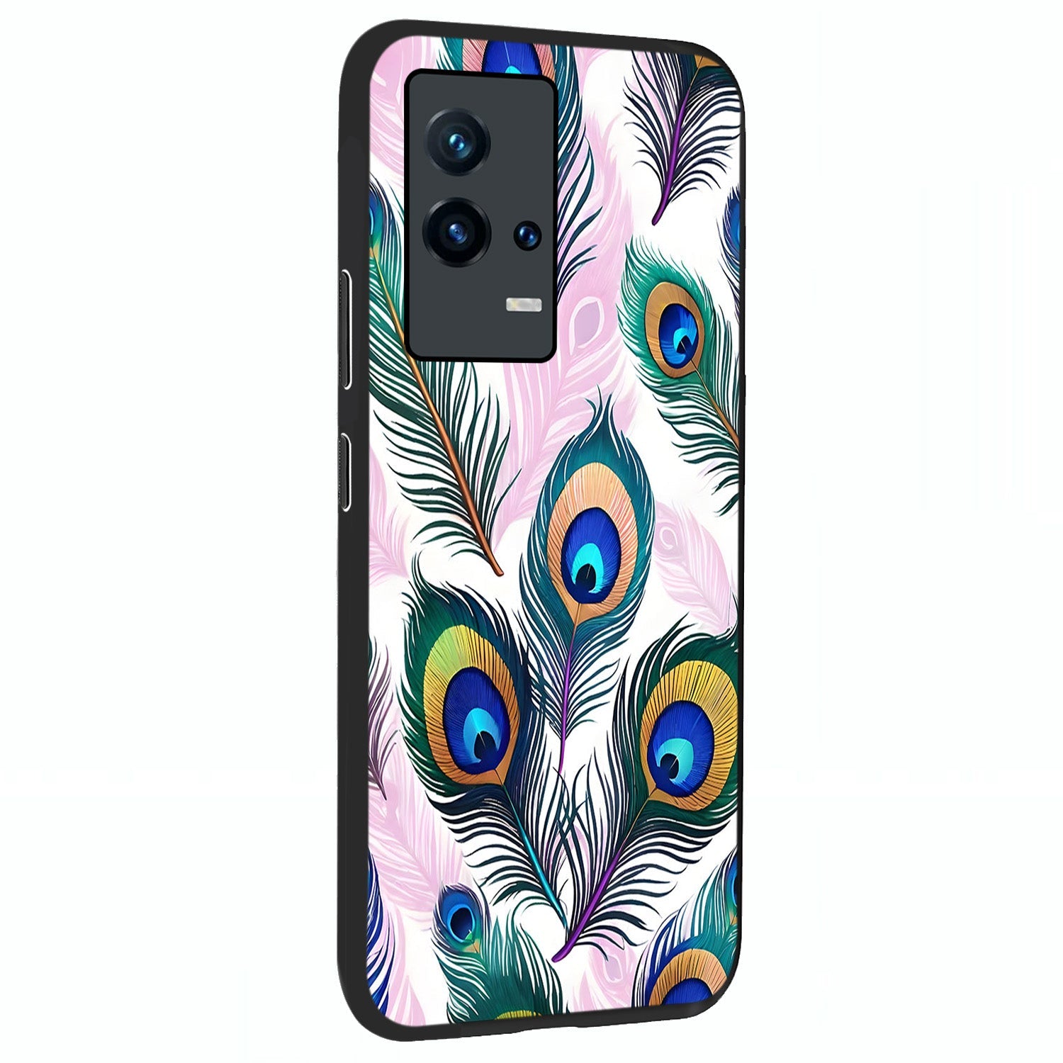 Royal Peacock Feathers Glass Case upright view showcasing elegant peacock feather artwork with decorative royal theme.