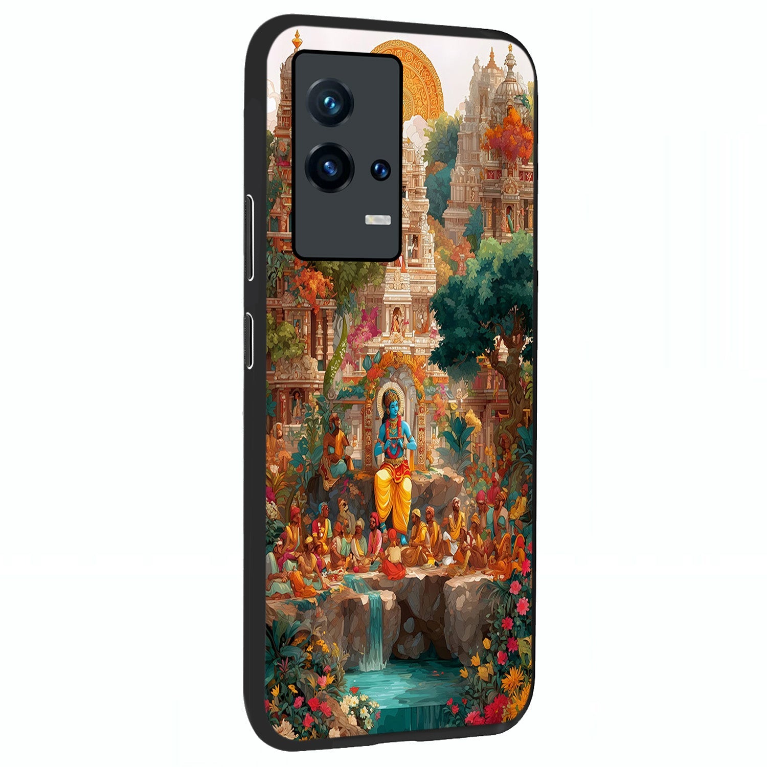 Sacred Sunlight Gods Glass Case upright view showcasing glowing divine artwork with sacred mythological theme.