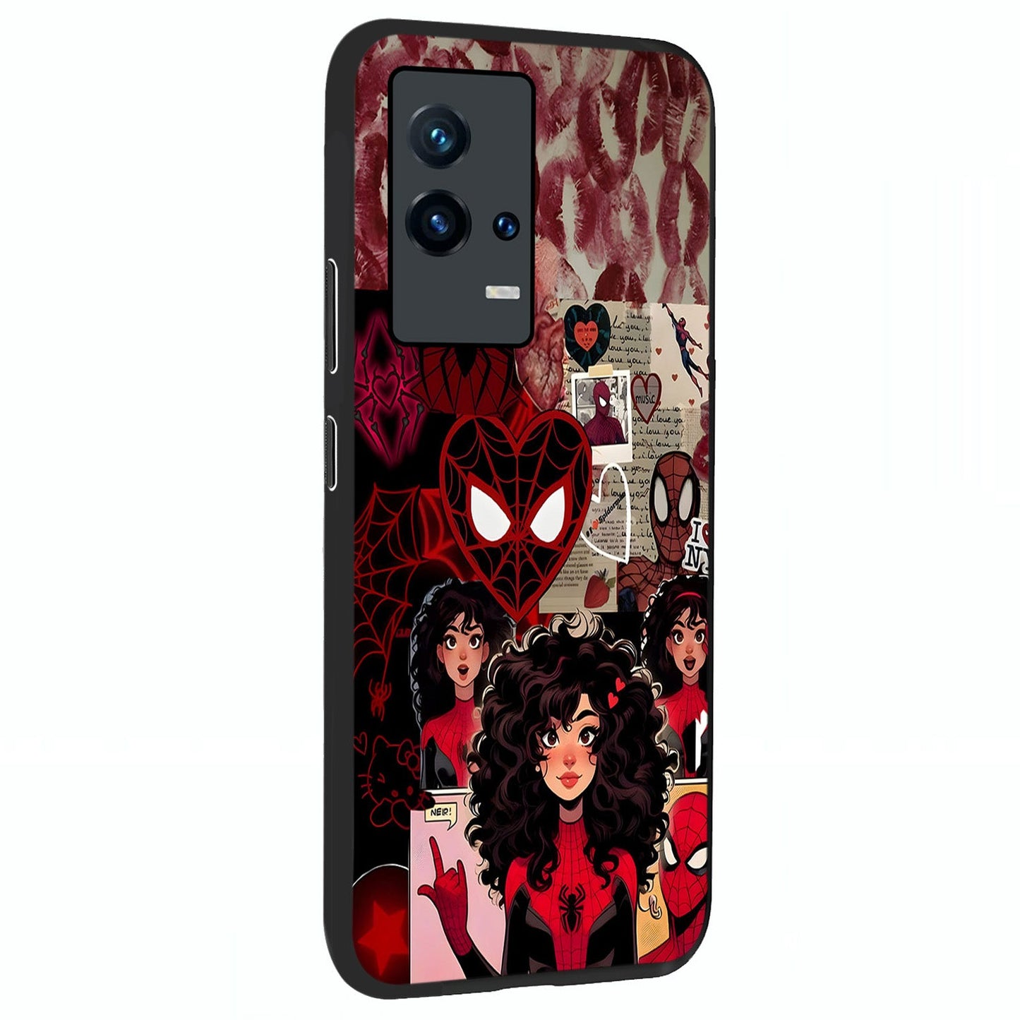 Spider Love Story Glass Case upright view showcasing charming superhero artwork with romantic comic theme.