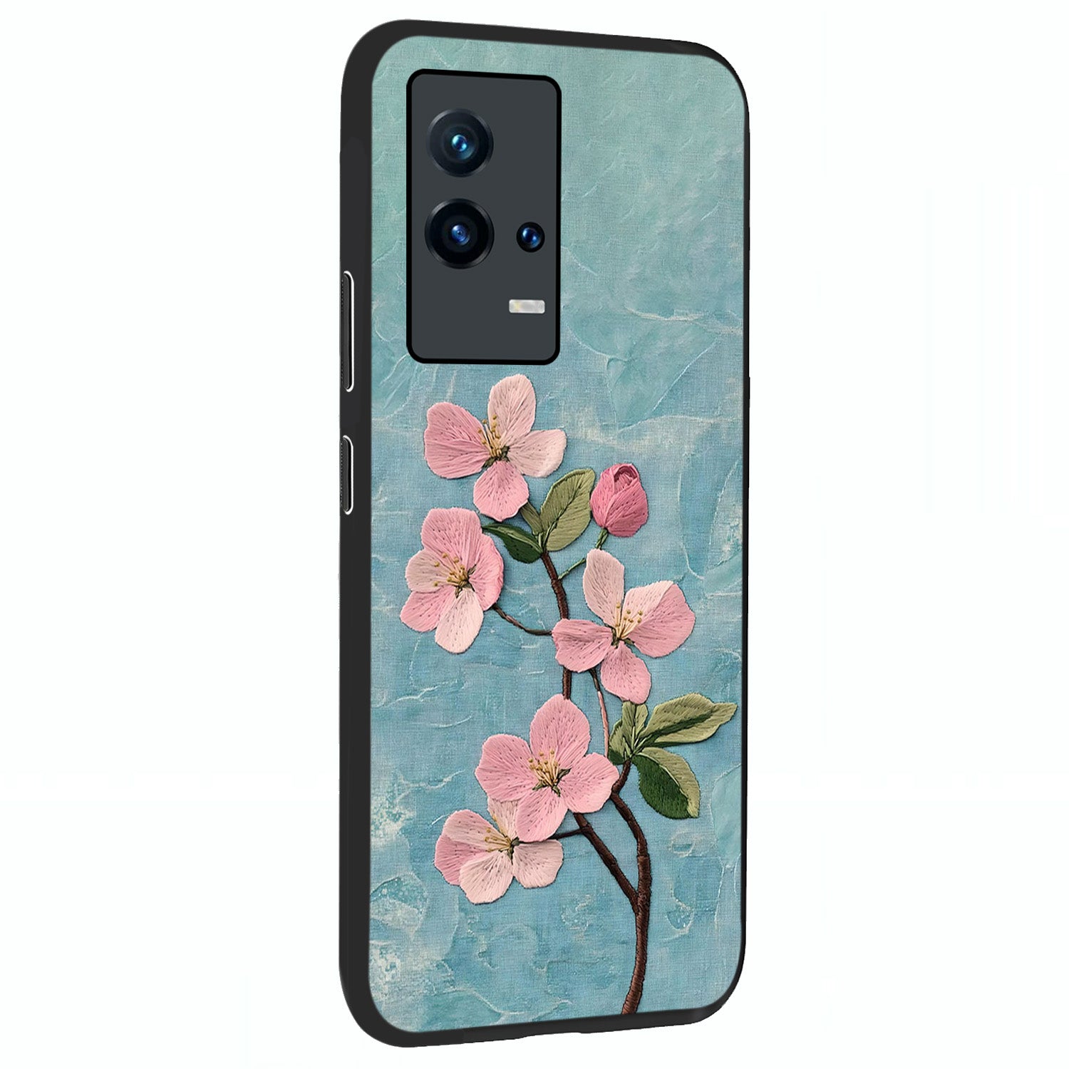 Threaded Blossom Breeze Glass Case upright view showcasing graceful flower artwork with calm botanical theme.