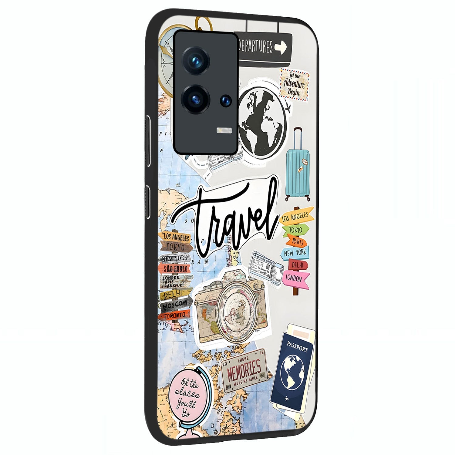 Wanderlust Journal Glass Case upright view showcasing wanderlust inspired artwork with creative exploration theme.