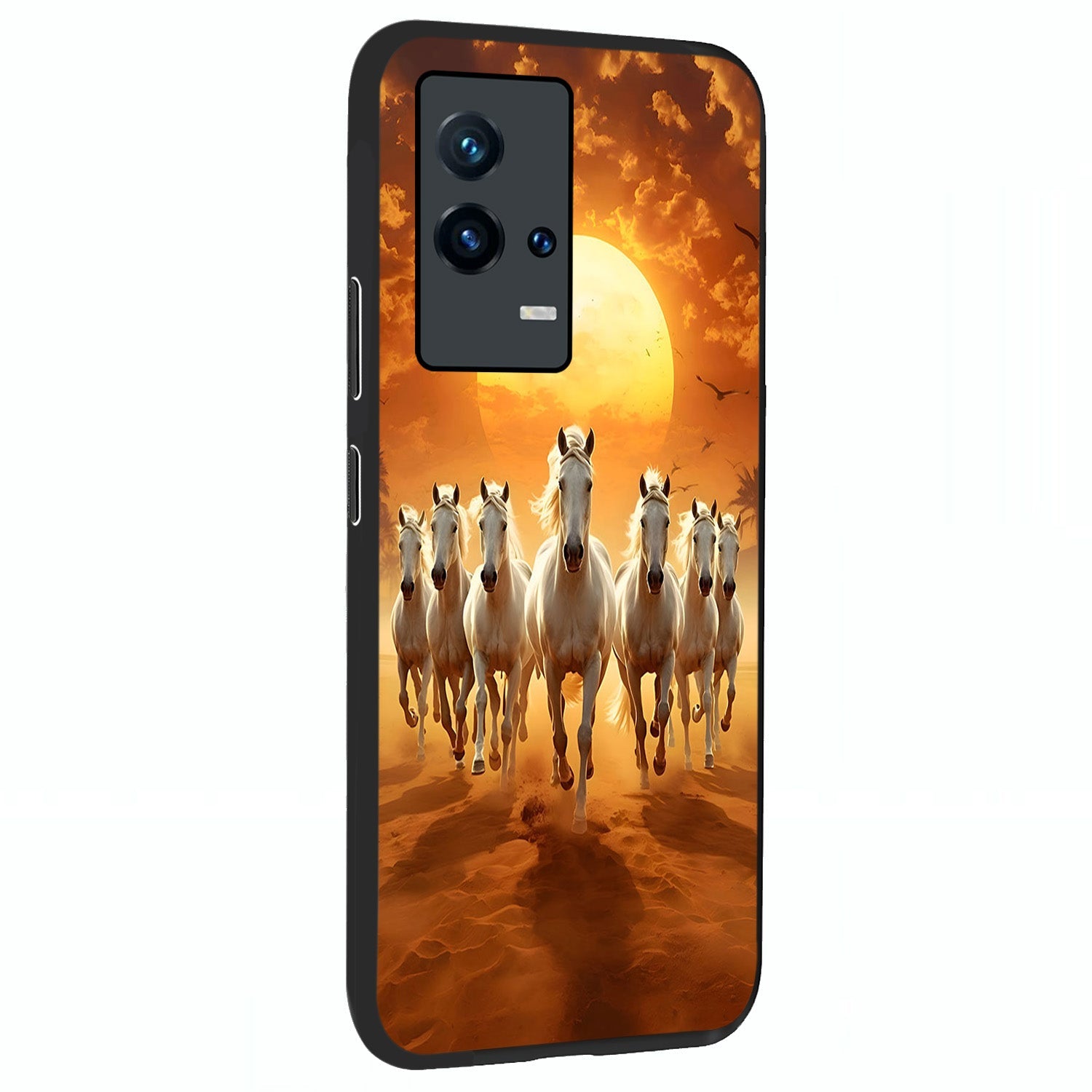 Wild Sunset Majesty Glass Case upright view showcasing dramatic sunset artwork with bold nature theme.