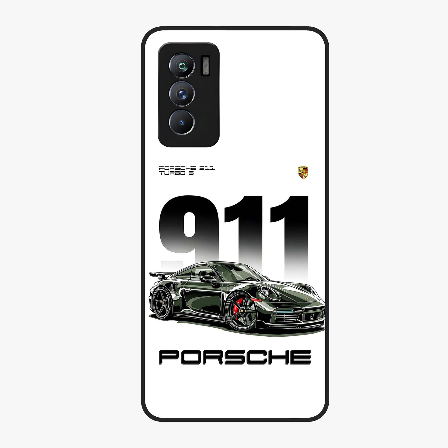911 Turbo Dominance Glass Case showing clean flat back view with bold 911 sports car artwork and glossy glass finish.